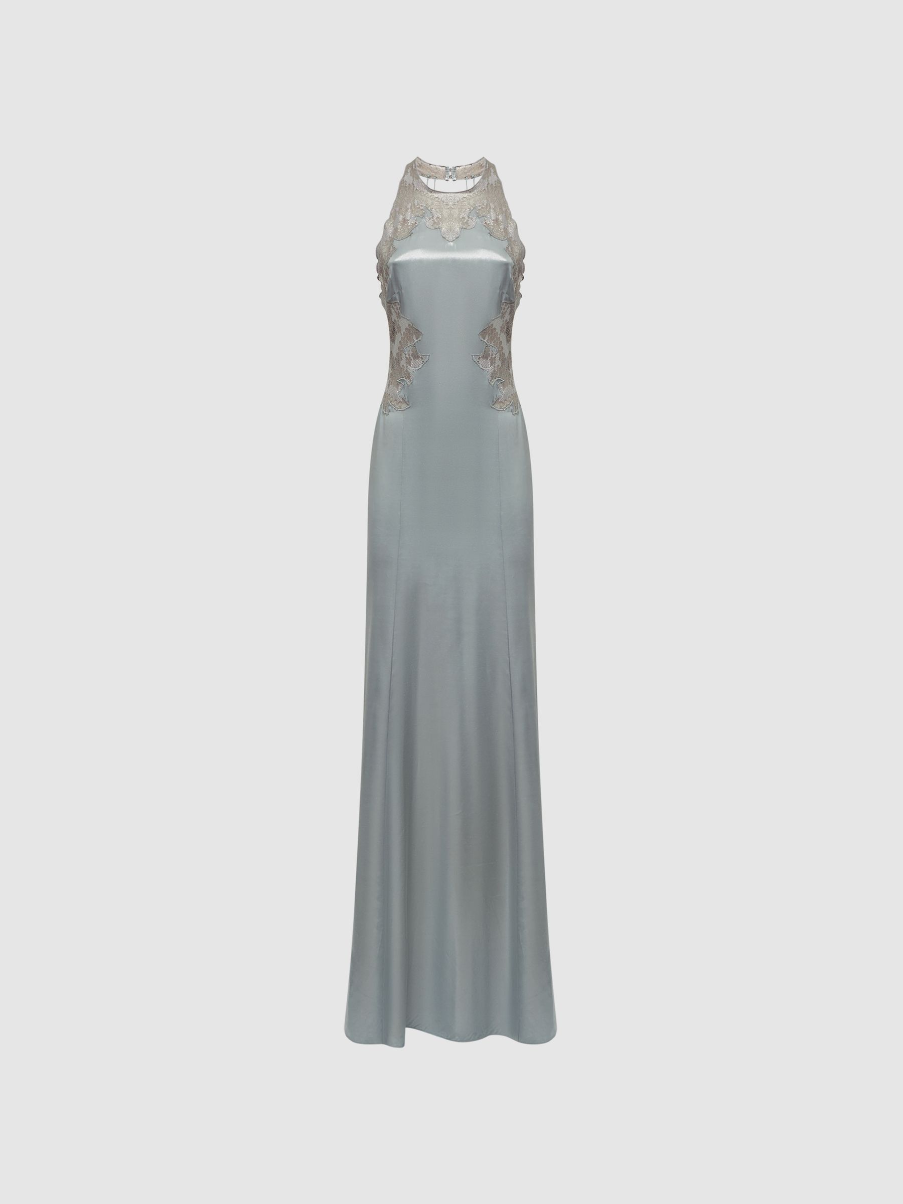 Fitted Lace Halter Neck Maxi Dress in Silver - Image 2 of 7