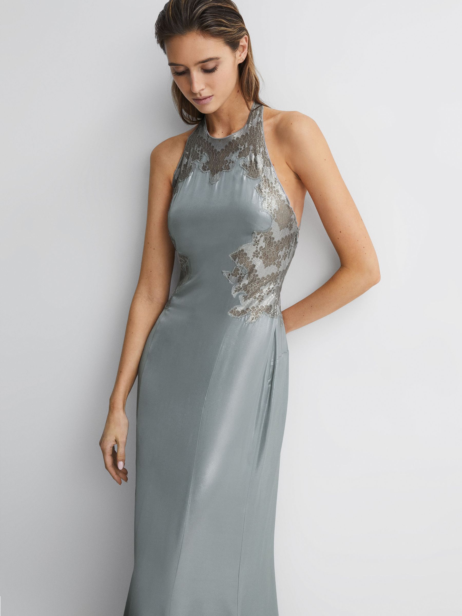 Fitted Lace Halter Neck Maxi Dress in Silver - Image 3 of 7