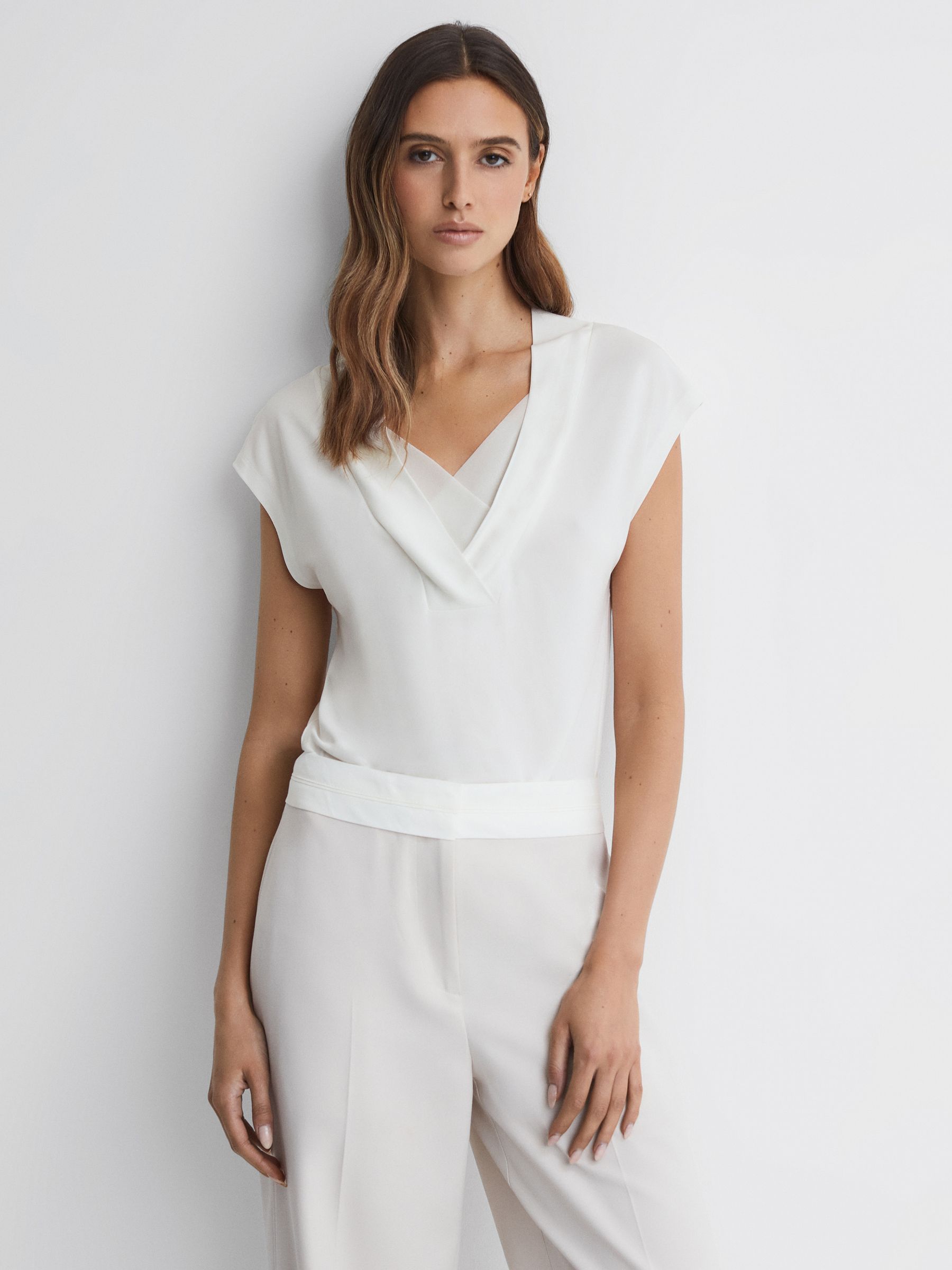 Layered V-Neck T-Shirt in Ivory - Image 1 of 5