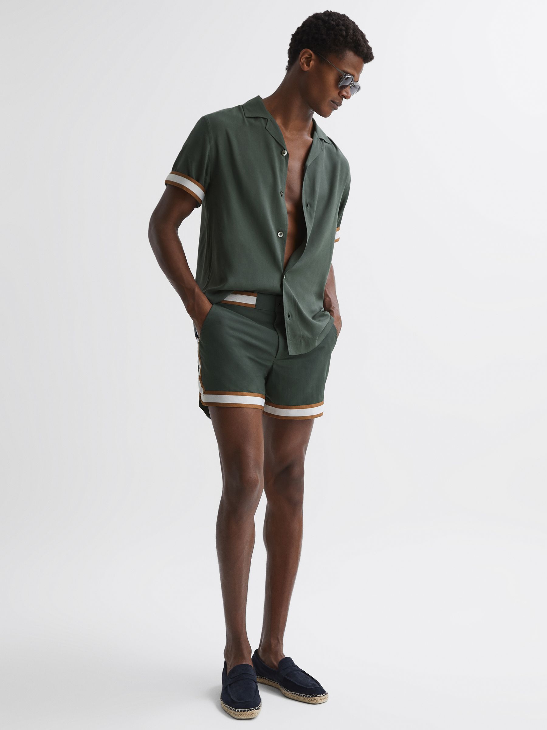 Reiss | Ché Elasticated Waist Contrast Swim Shorts in Deep Forest/Tobacco - Image 1 of 5