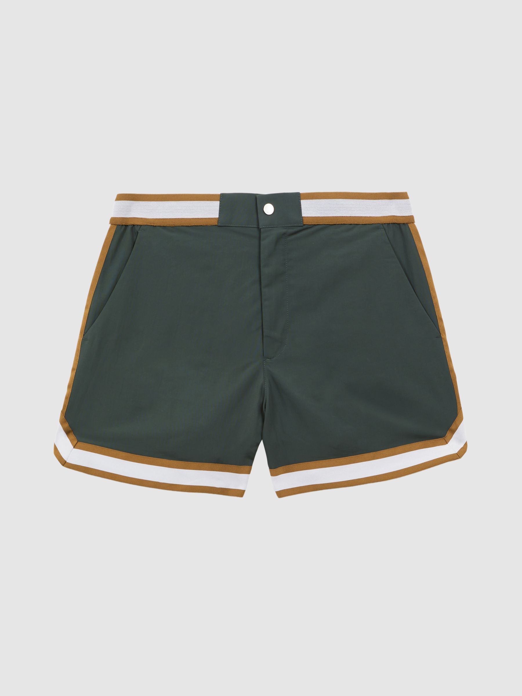 Reiss | Ché Elasticated Waist Contrast Swim Shorts in Deep Forest/Tobacco - Image 2 of 5