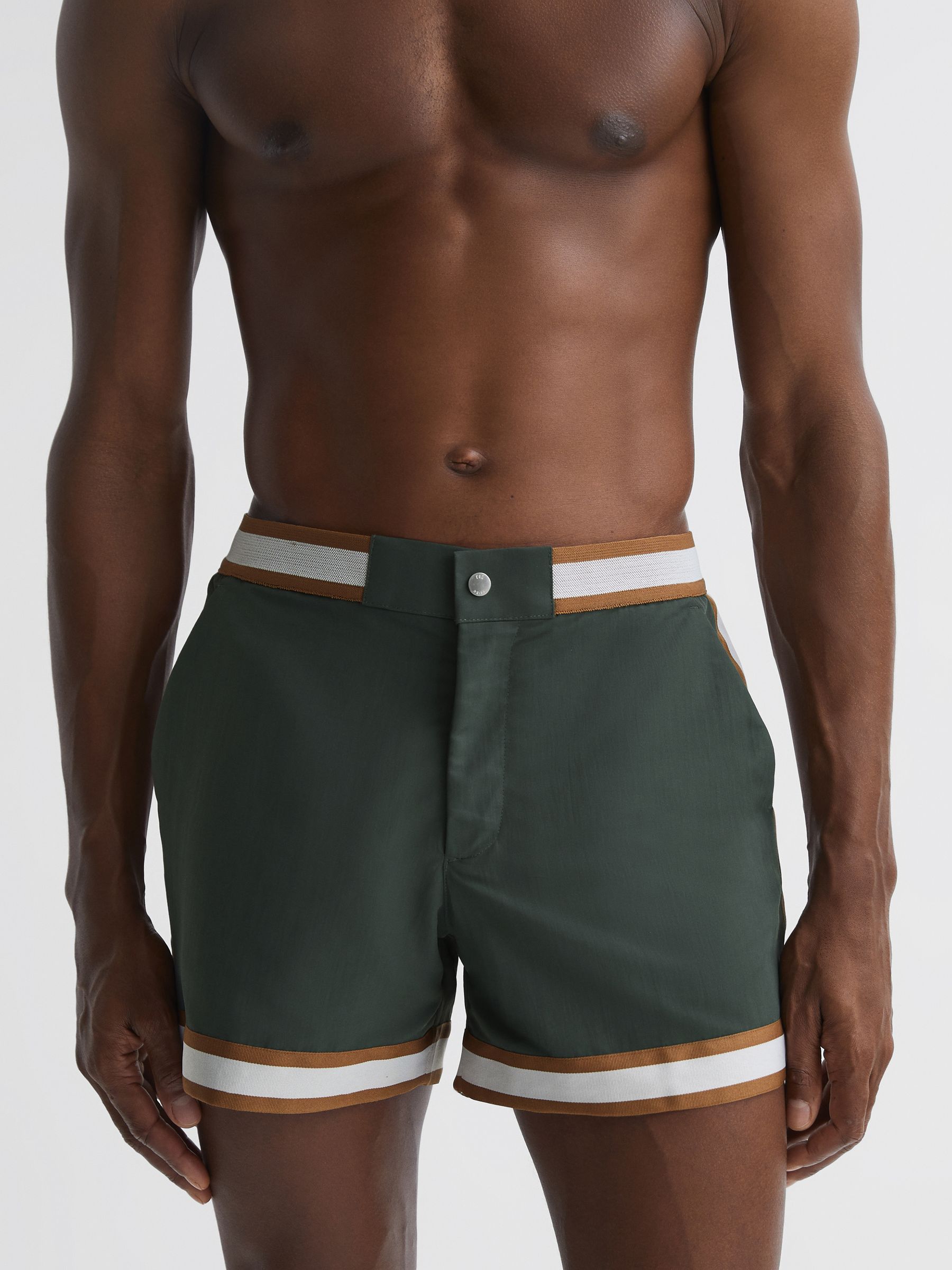 Reiss | Ché Elasticated Waist Contrast Swim Shorts in Deep Forest/Tobacco - Image 3 of 5