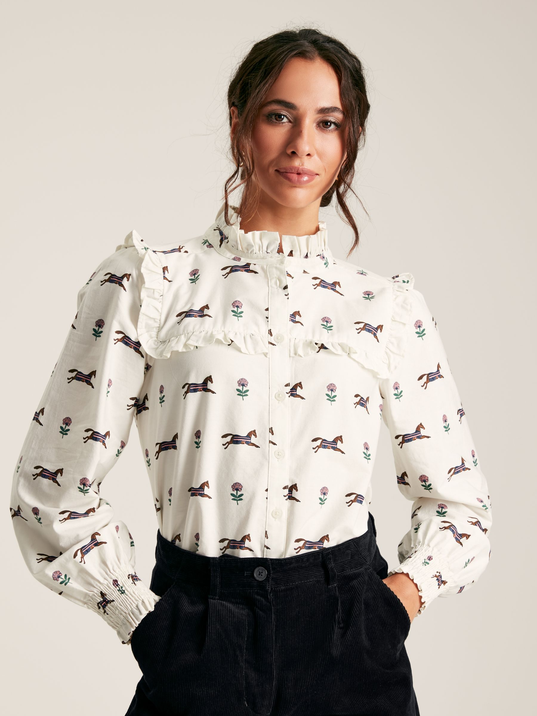 Henrietta Cream Horse Print Frill Blouse - Image 1 of 8