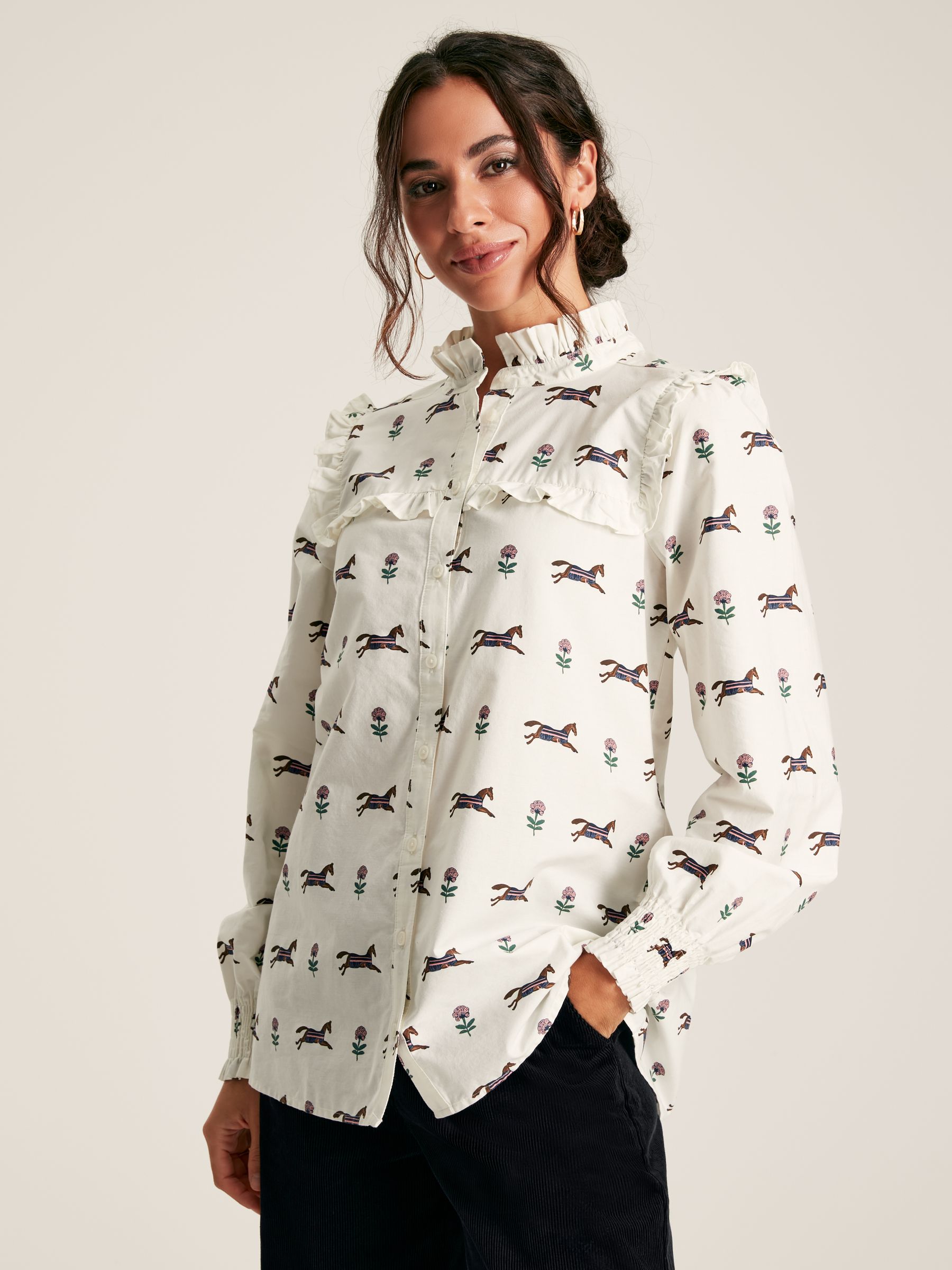 Henrietta Cream Horse Print Frill Blouse - Image 3 of 8