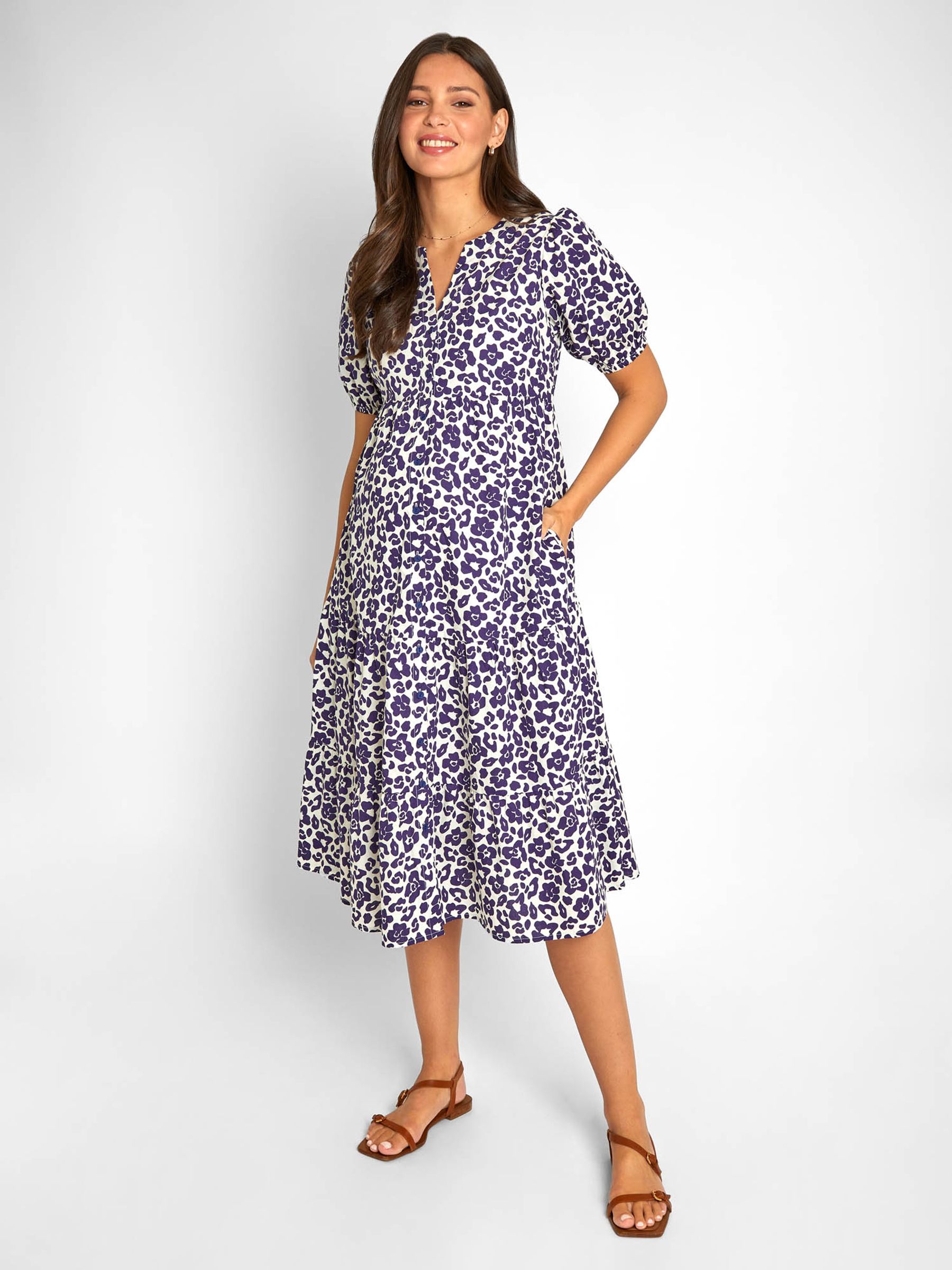 Blue Floral Animal Print Tiered Maternity Midi Shirt Dress - Image 1 of 5
