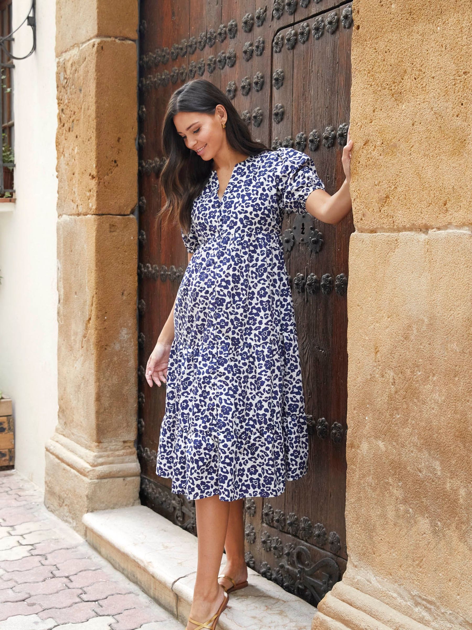 Blue Floral Animal Print Tiered Maternity Midi Shirt Dress - Image 3 of 5
