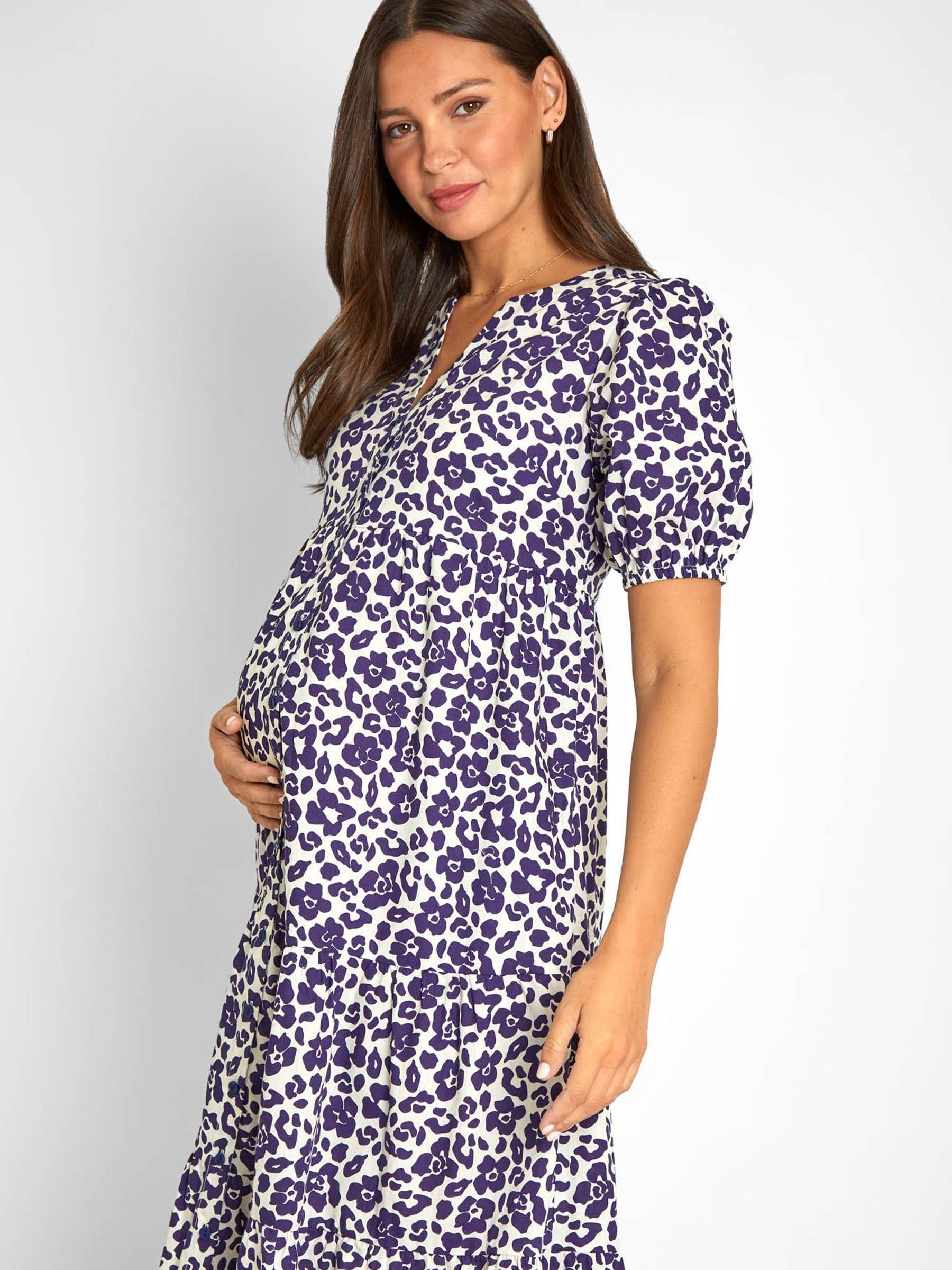 Blue Floral Animal Print Tiered Maternity Midi Shirt Dress - Image 4 of 5