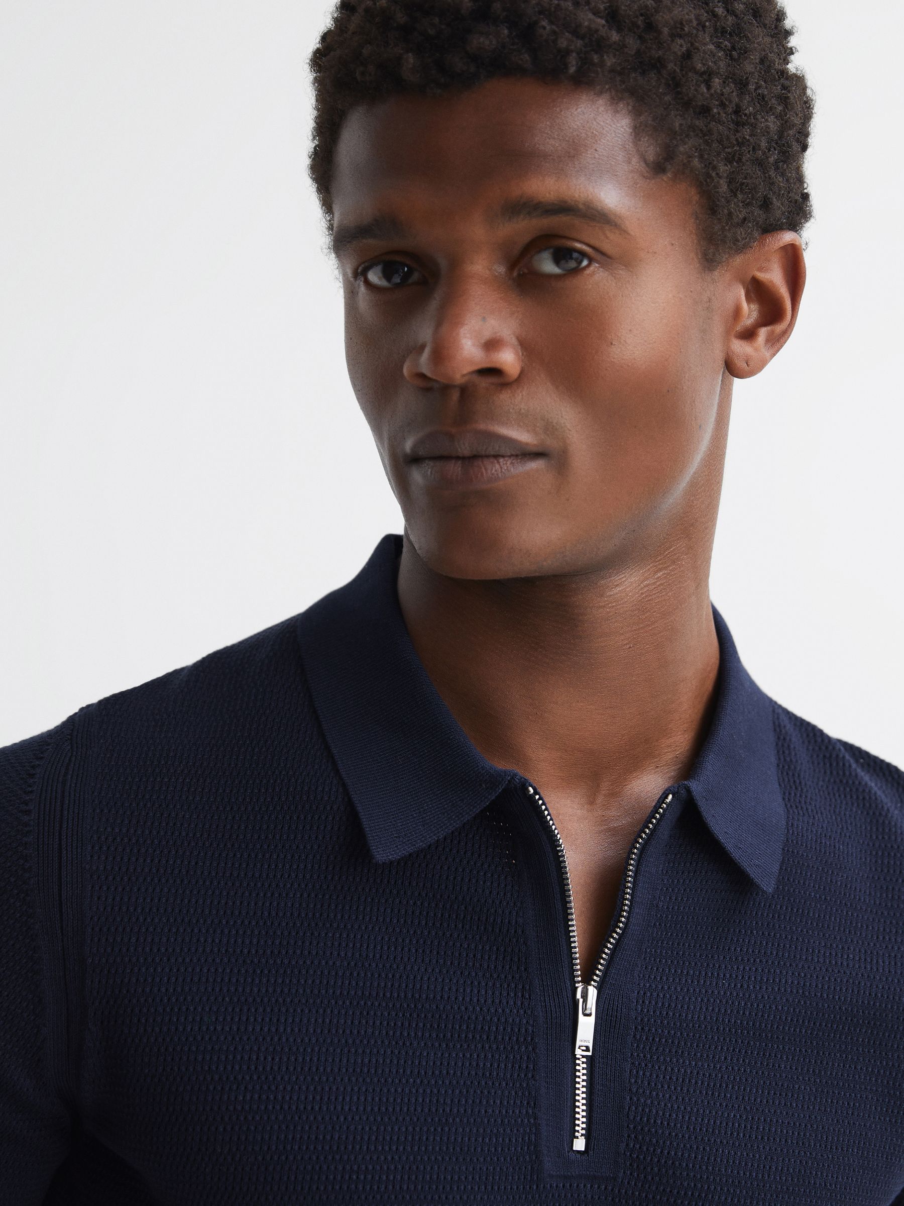Knitted Half-Zip Polo T-Shirt in Navy - Image 1 of 5