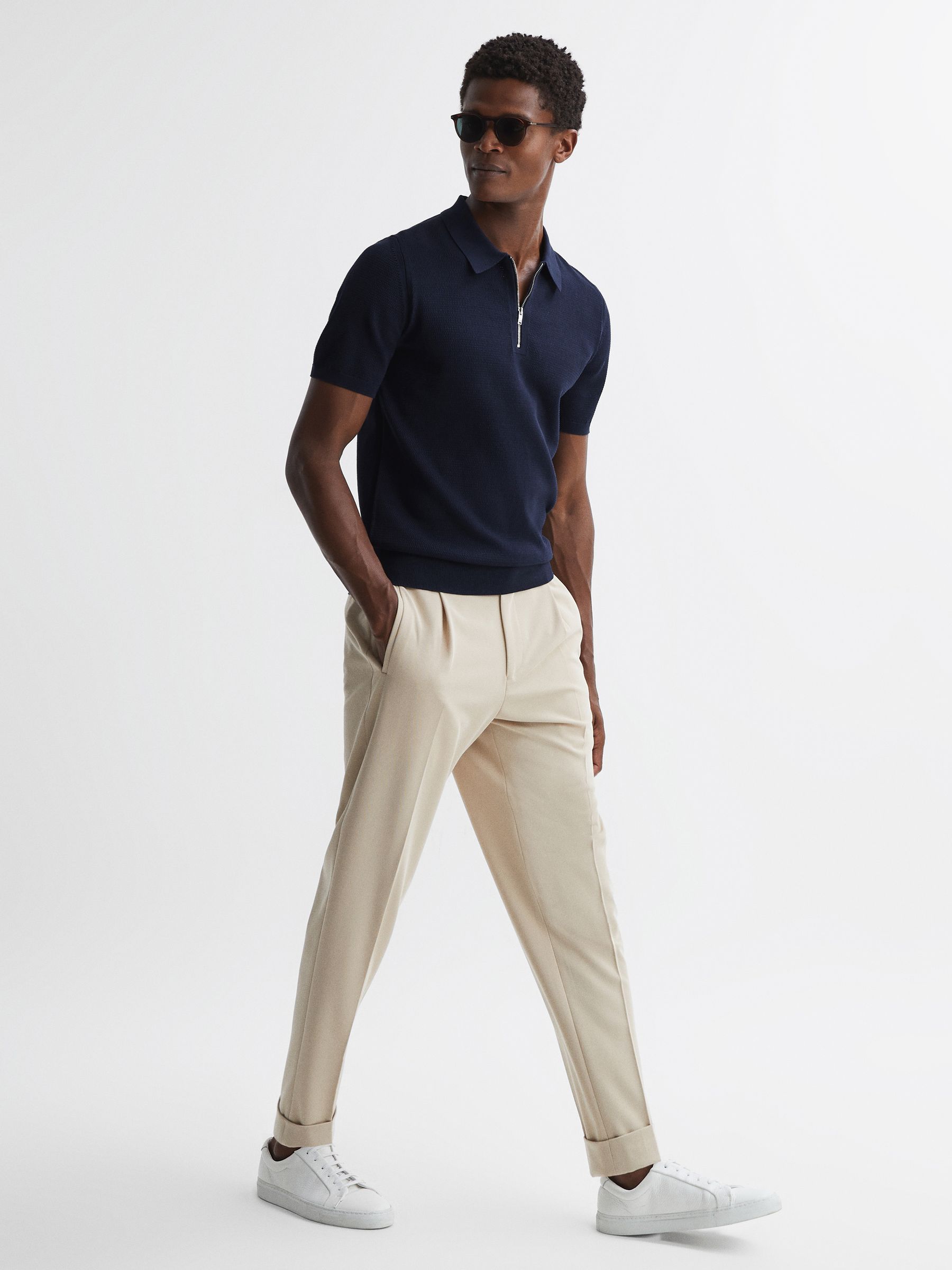 Knitted Half-Zip Polo T-Shirt in Navy - Image 3 of 5