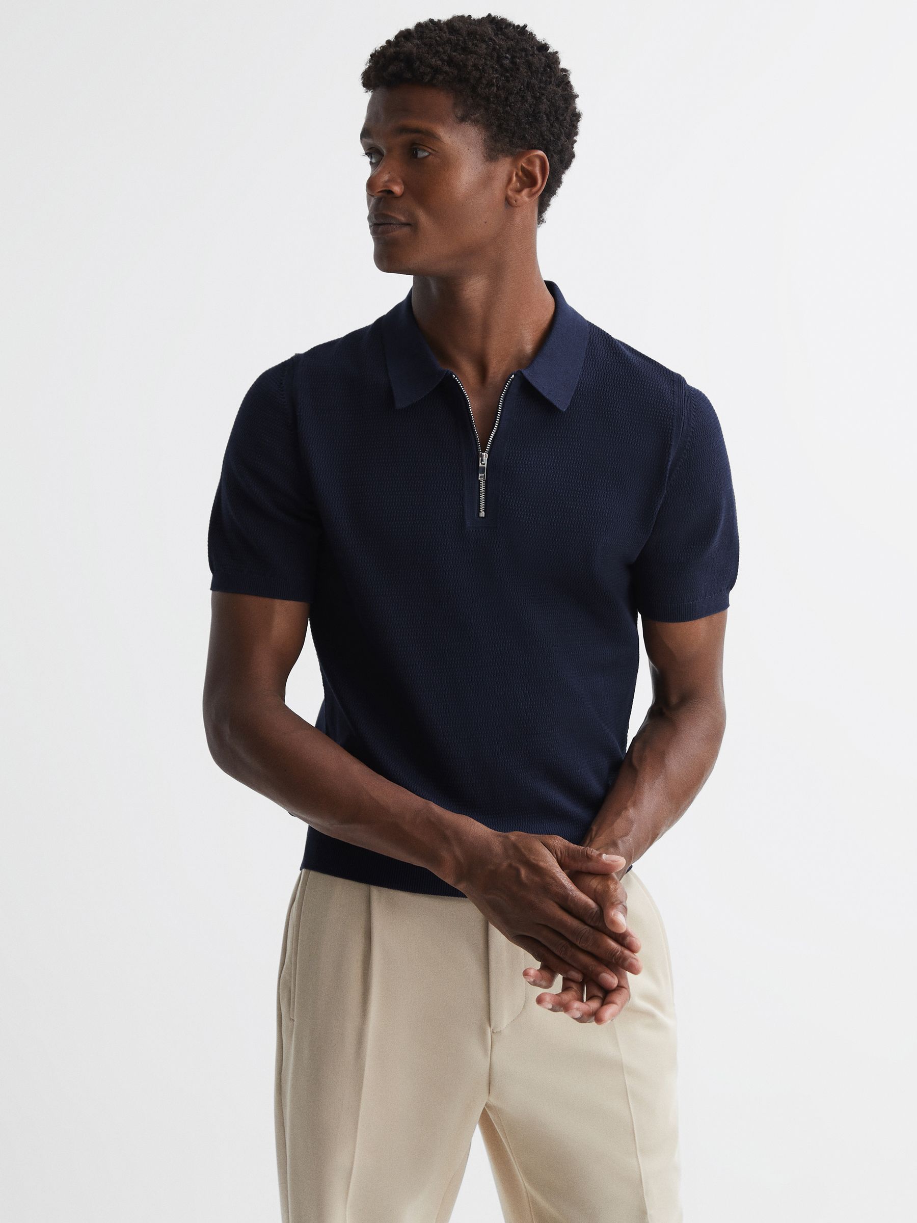Knitted Half-Zip Polo T-Shirt in Navy - Image 4 of 5