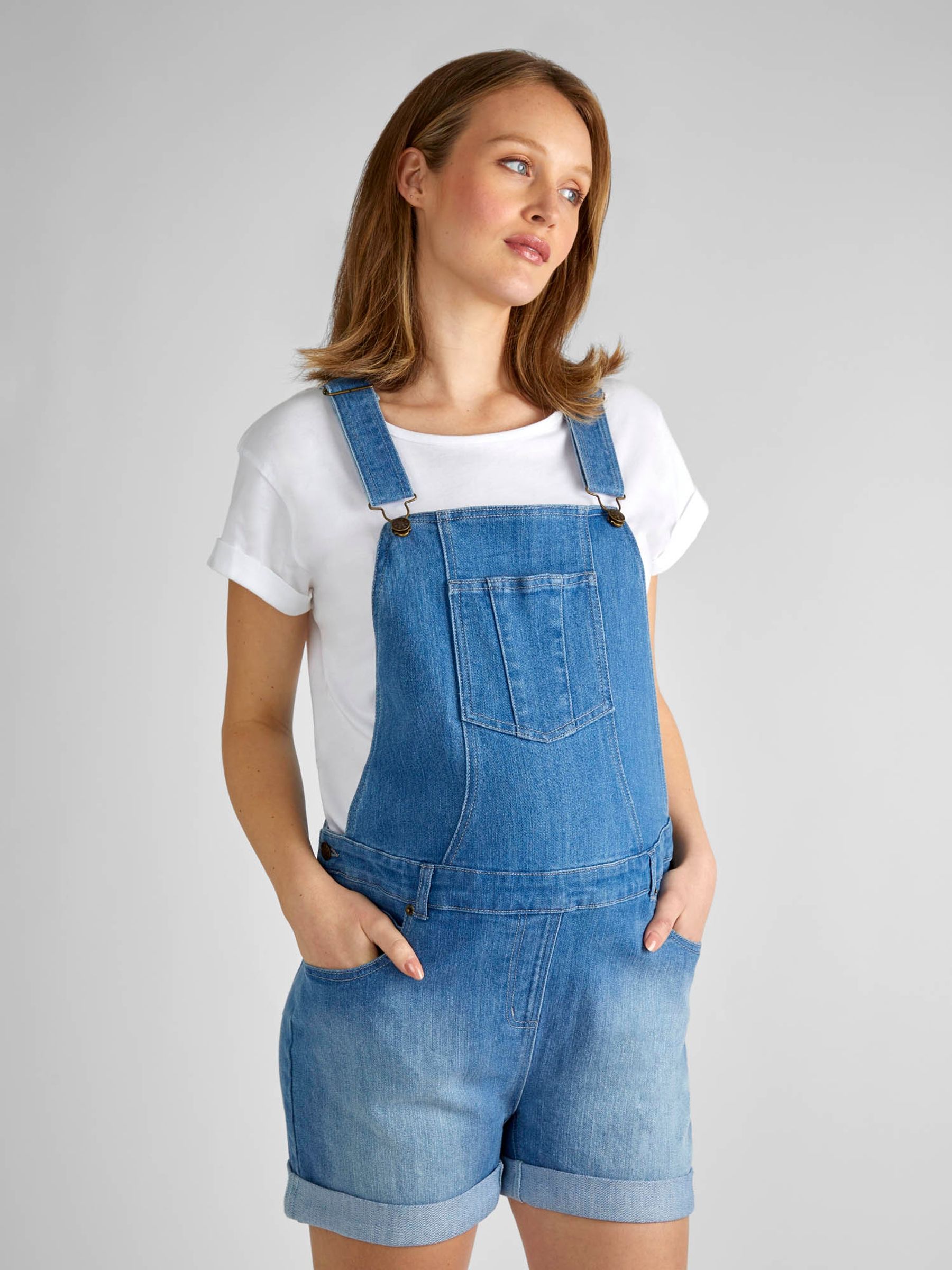 Light Wash Blue Denim Short Maternity Dungarees - Image 4 of 7