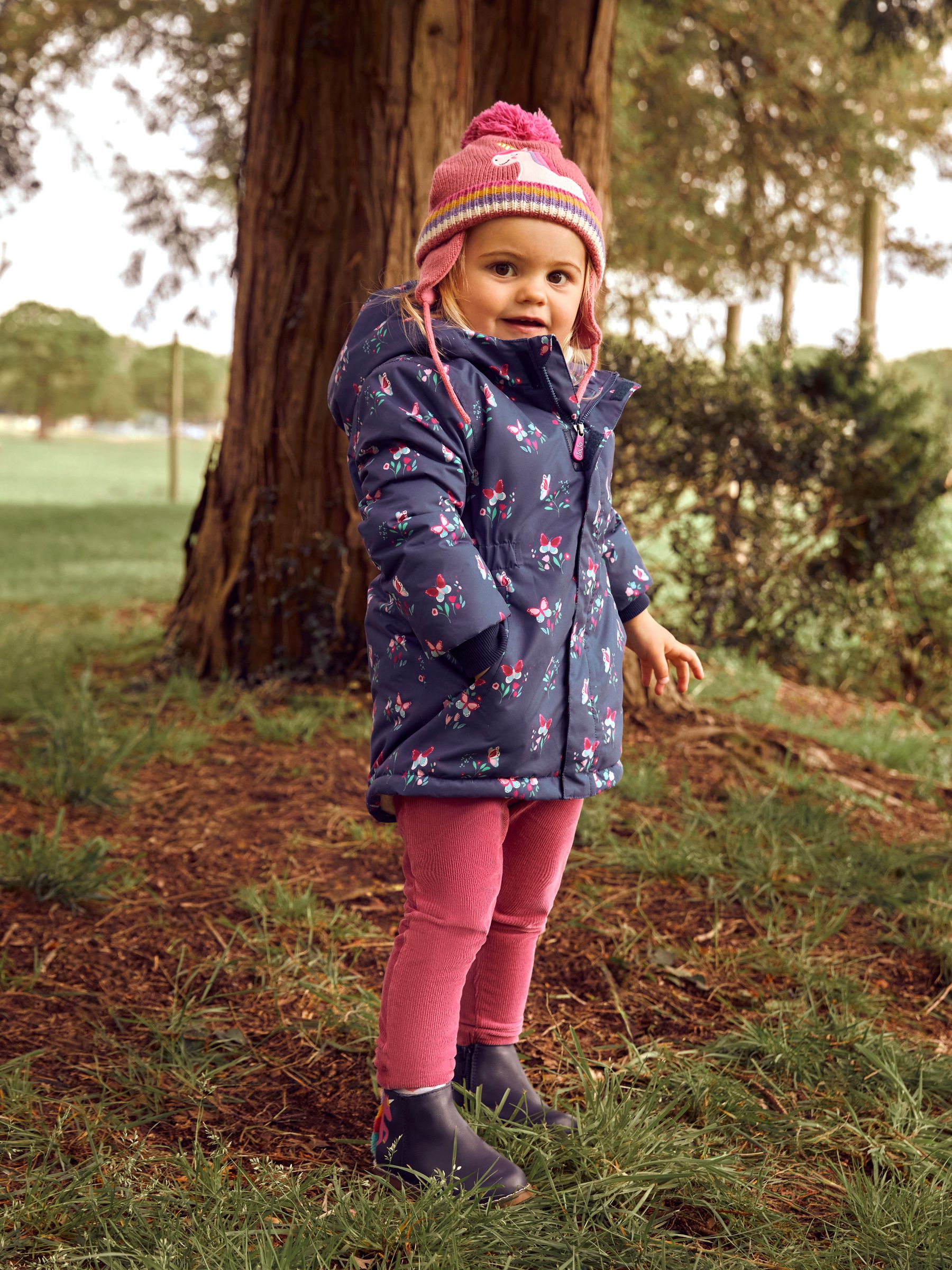 Navy Blue Butterfly Hooded Cosy Lined Printed Parka Jacket - Image 1 of 8