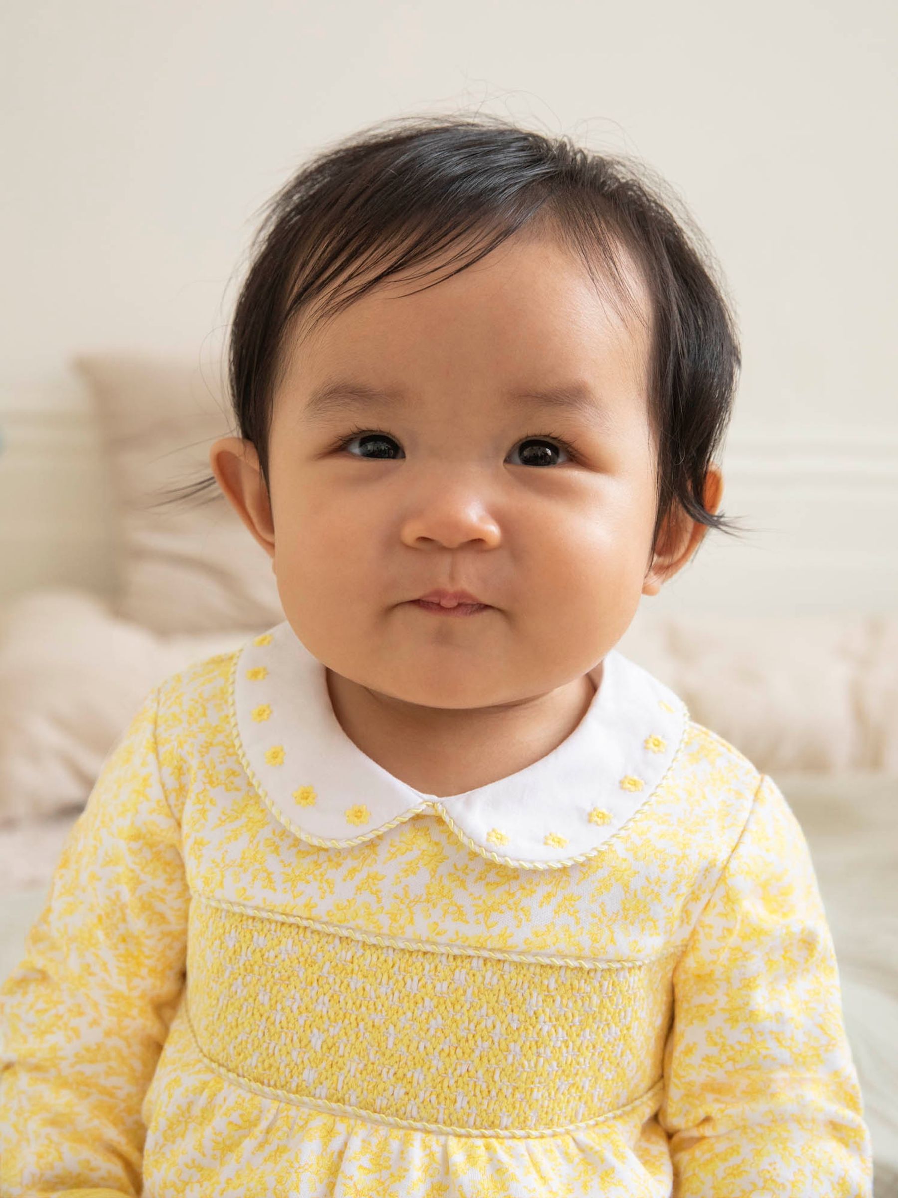 Yellow Floral Smocked Cotton Baby Sleepsuit - Image 3 of 5