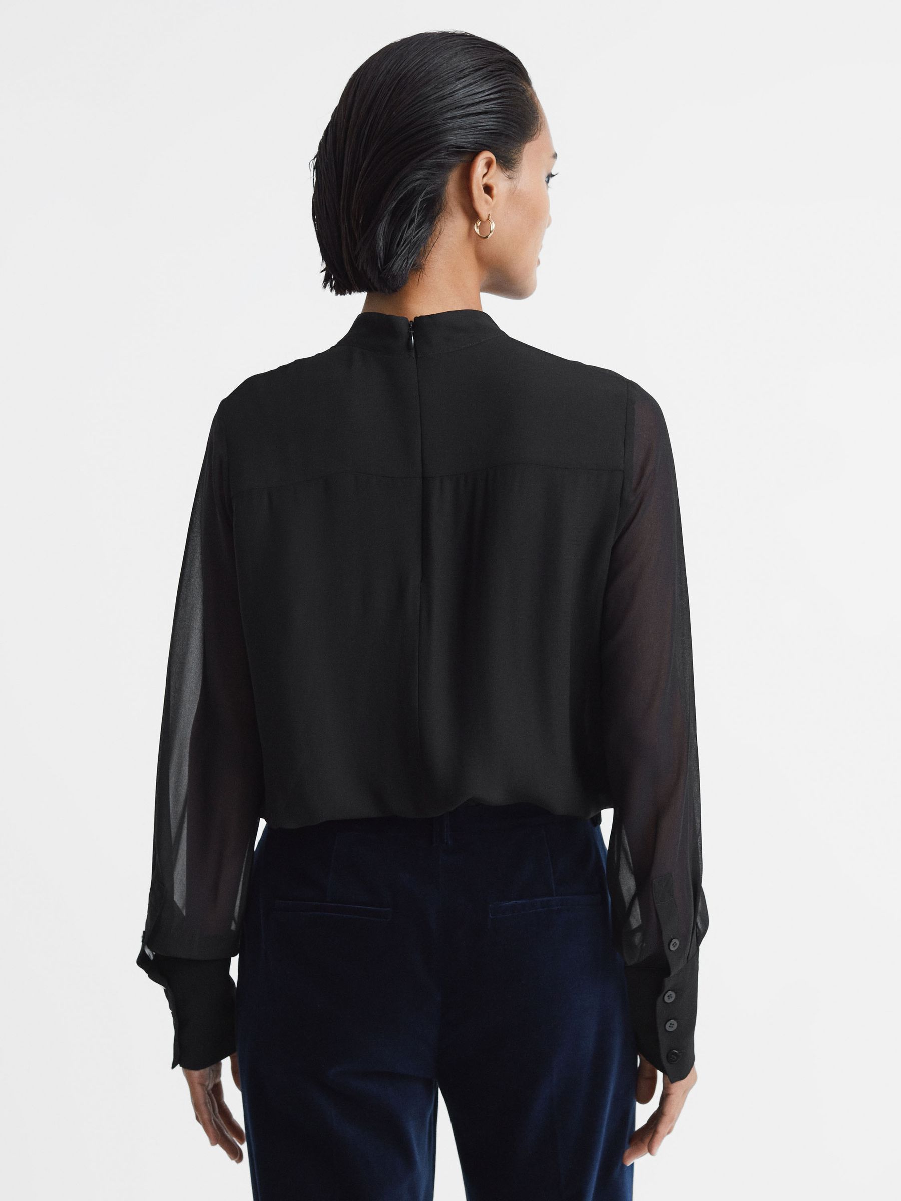 Reiss Sheer High Neck Blouse in Black - REISS