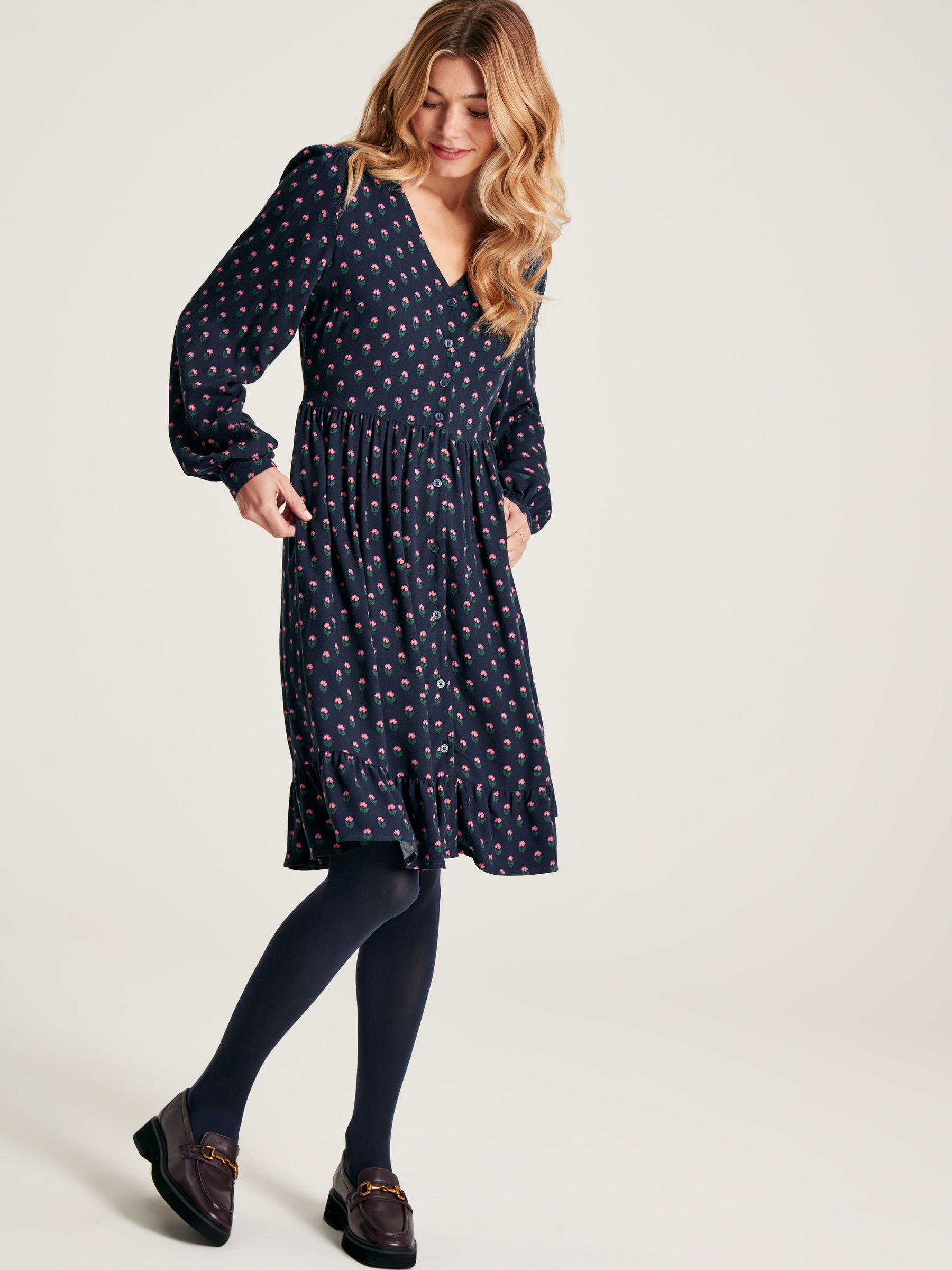 Bonnie Navy Blue Button Down Dress with Peplum Hem - Image 2 of 7