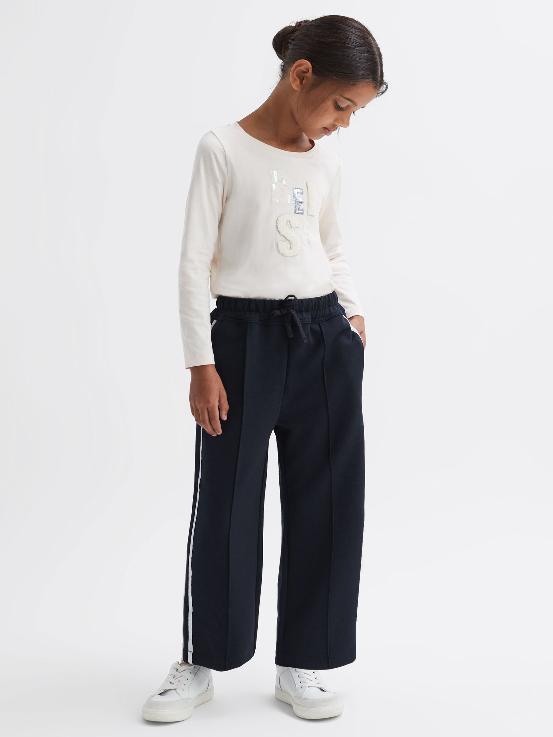 9-14 yrs Wide Leg Side Stripe Joggers in Navy - Image 3 of 6