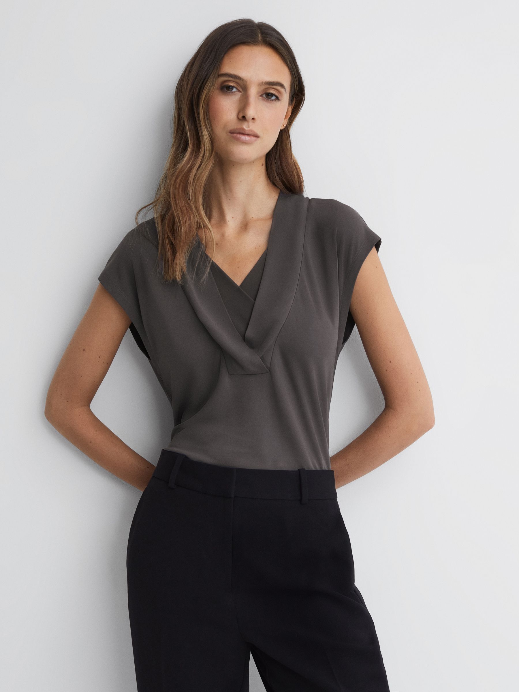 Layered V-Neck T-Shirt in Charcoal - Image 3 of 5