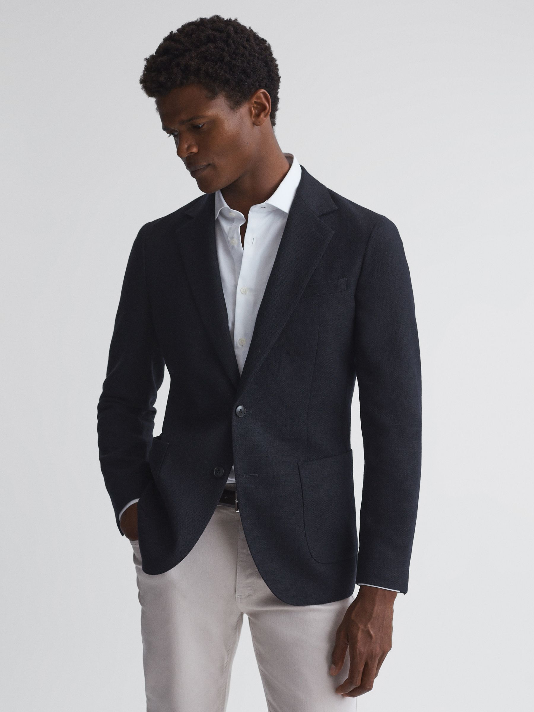 Slim Fit Textured Wool Blend Blazer in Navy - Image 1 of 6