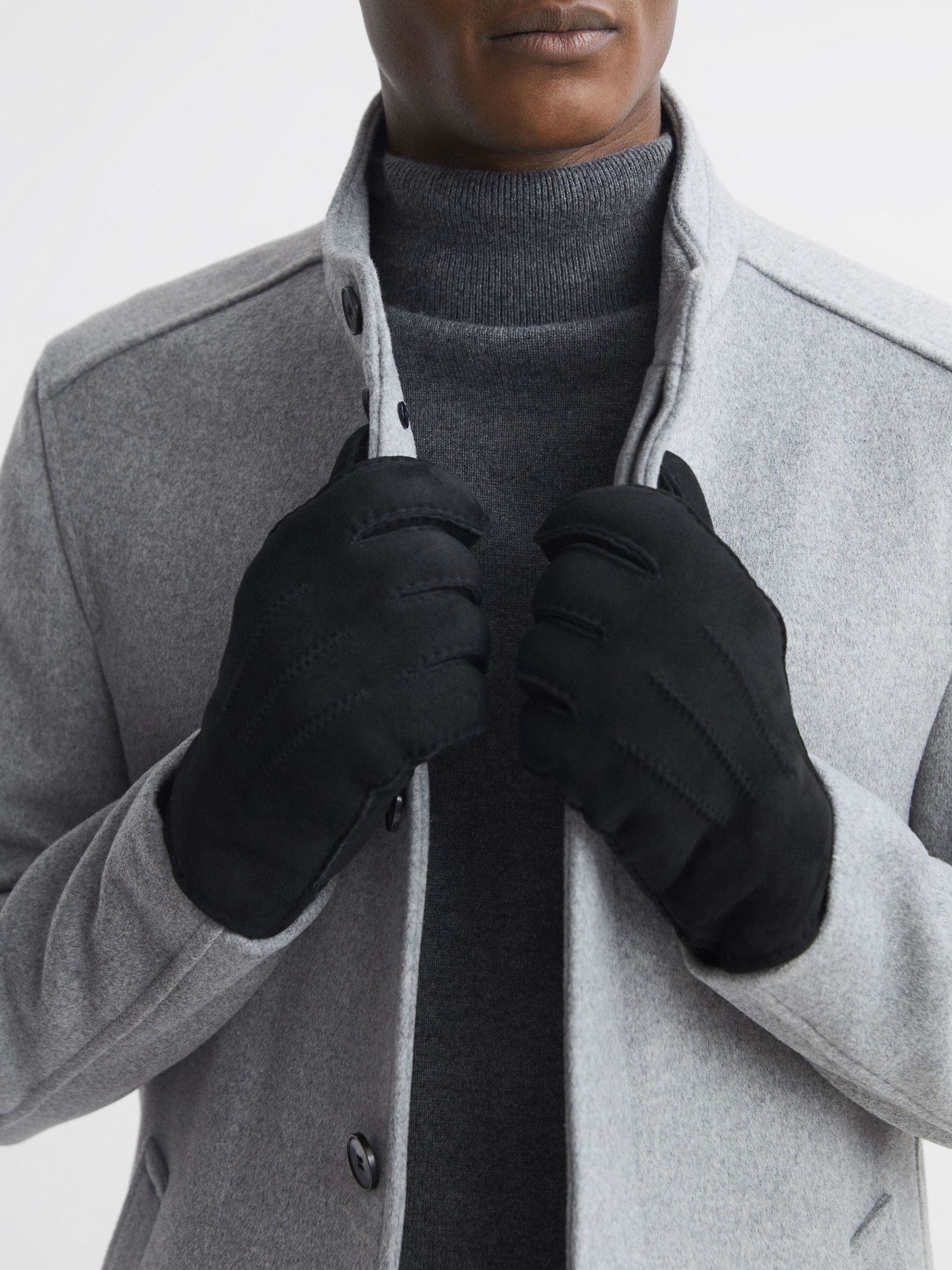 Suede Shearling Gloves in Black - Image 2 of 3