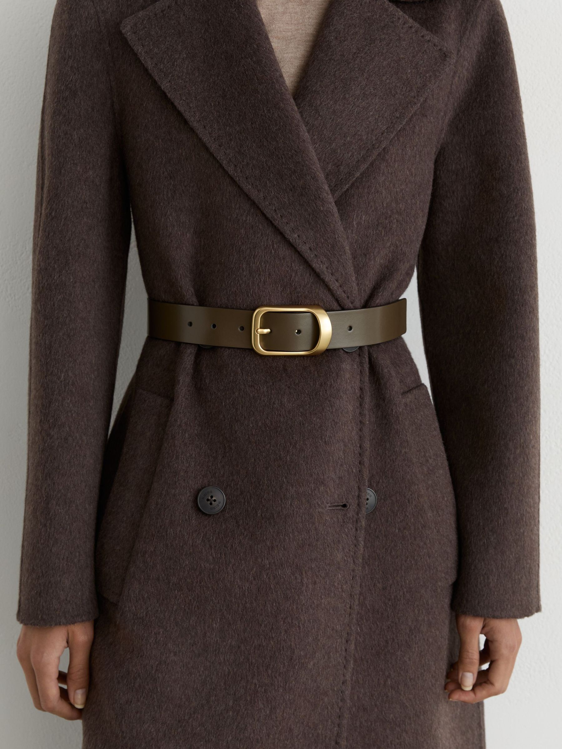Leather Curved-Buckle Belt in Khaki - Image 1 of 5