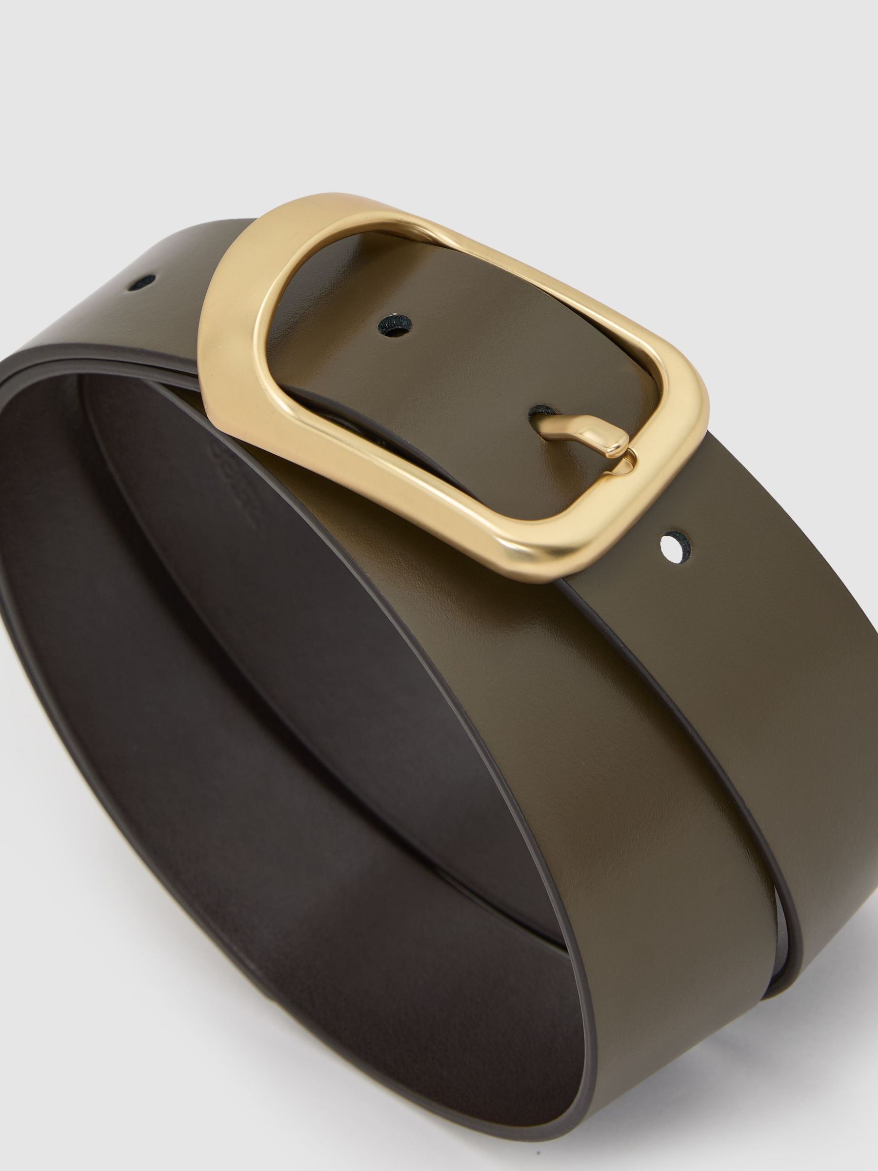 Leather Curved-Buckle Belt in Khaki - Image 3 of 5