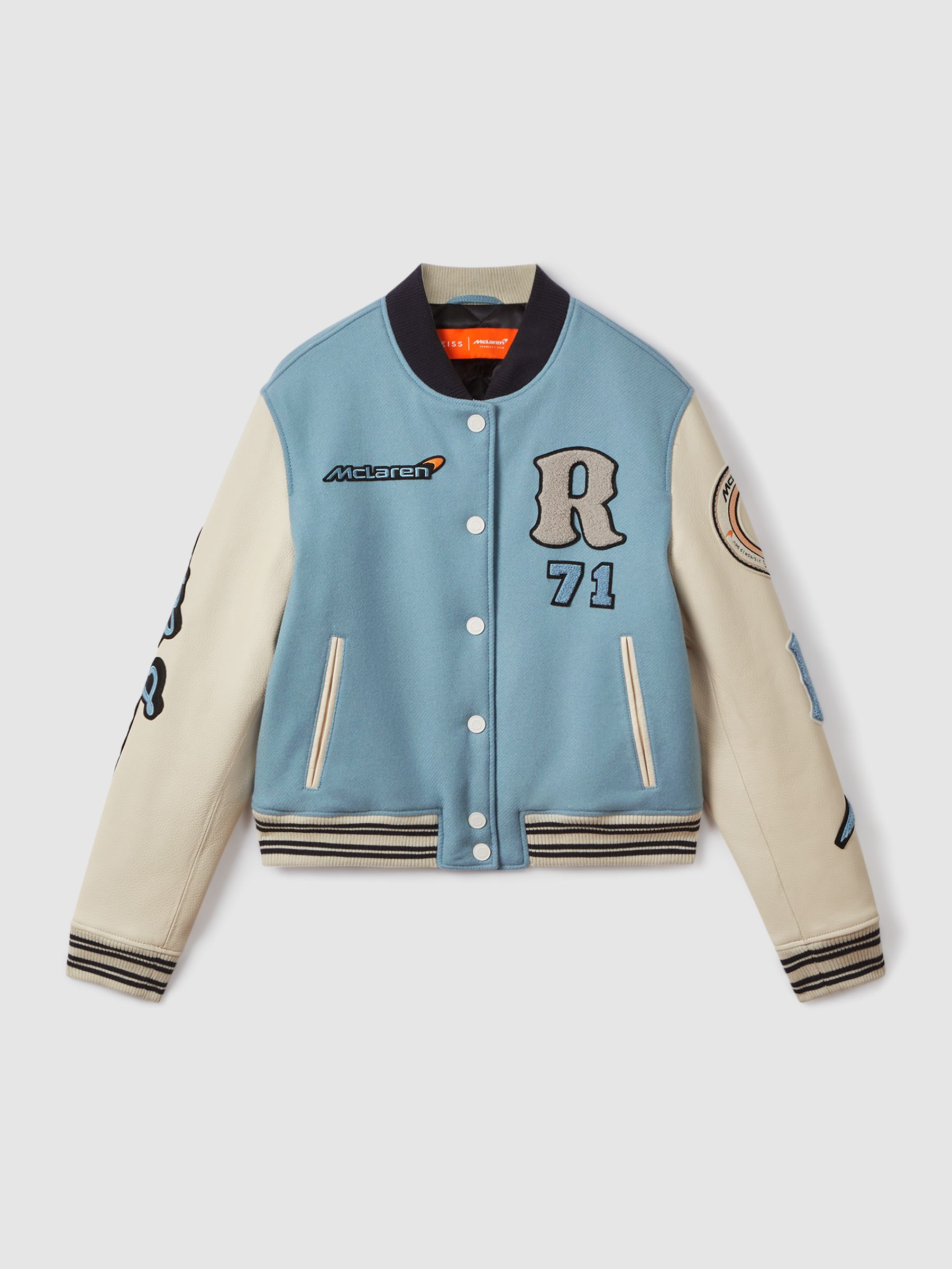 McLaren F1 Leather Varsity Jacket in Soft Blue/Ecru - Image 2 of 7
