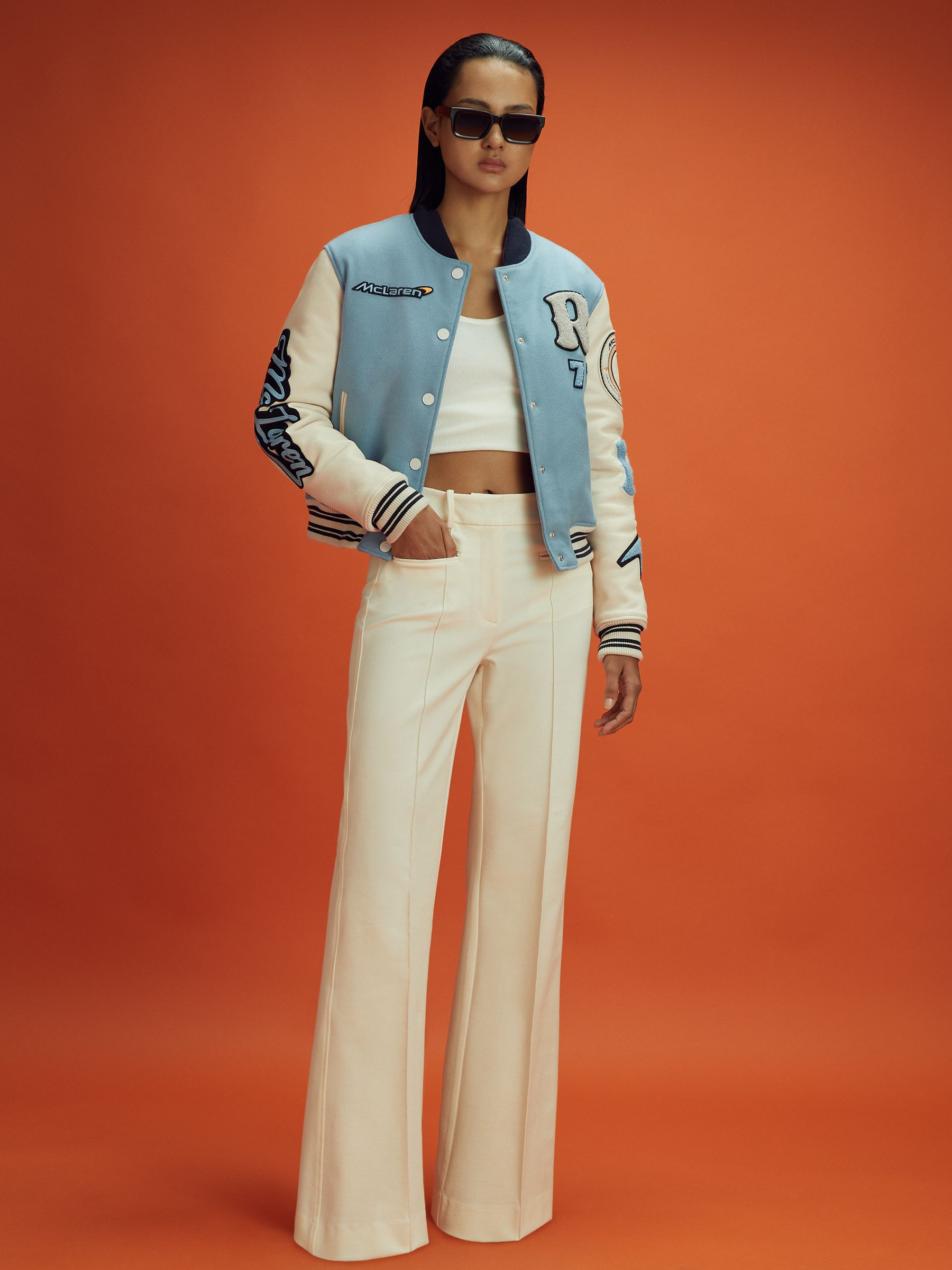 McLaren F1 Leather Varsity Jacket in Soft Blue/Ecru - Image 3 of 7