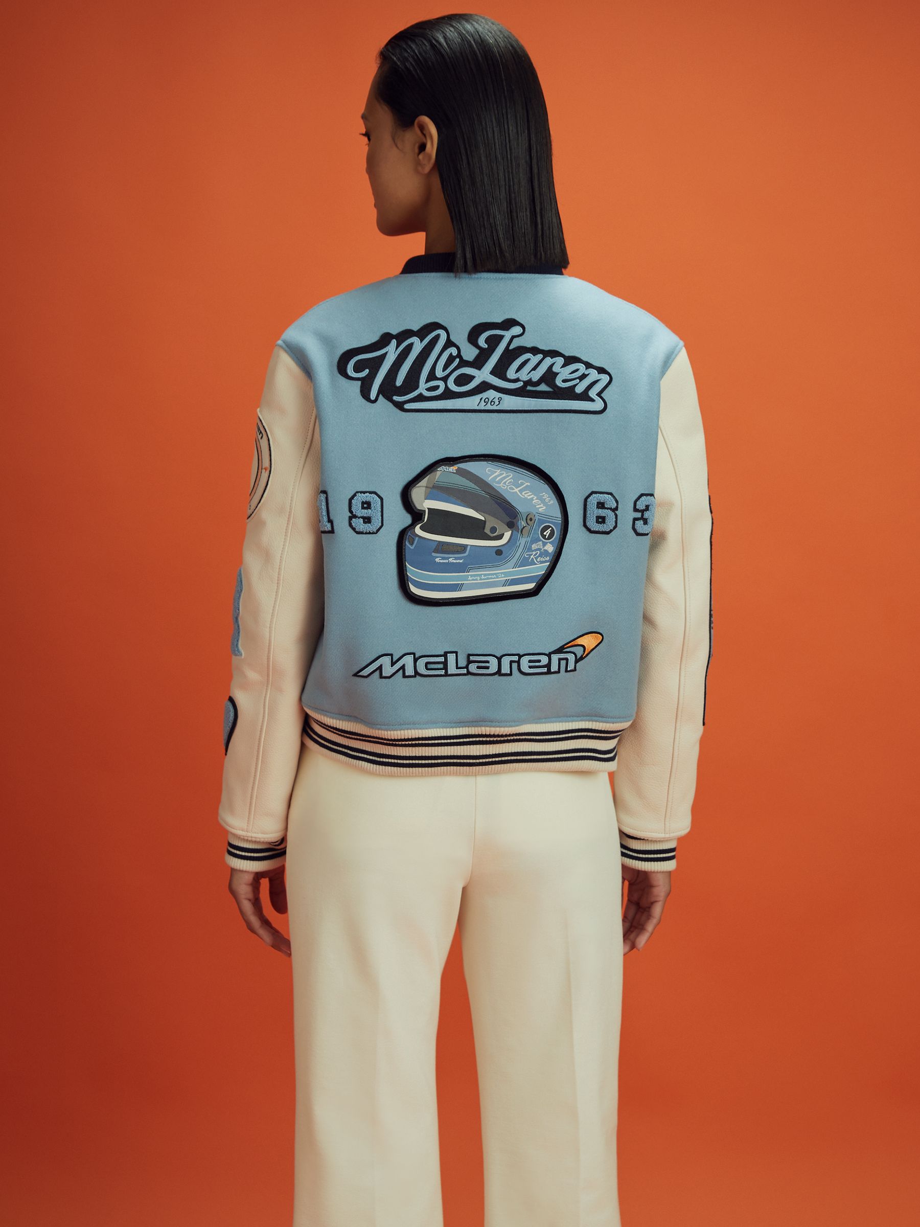 McLaren F1 Leather Varsity Jacket in Soft Blue/Ecru - Image 5 of 7