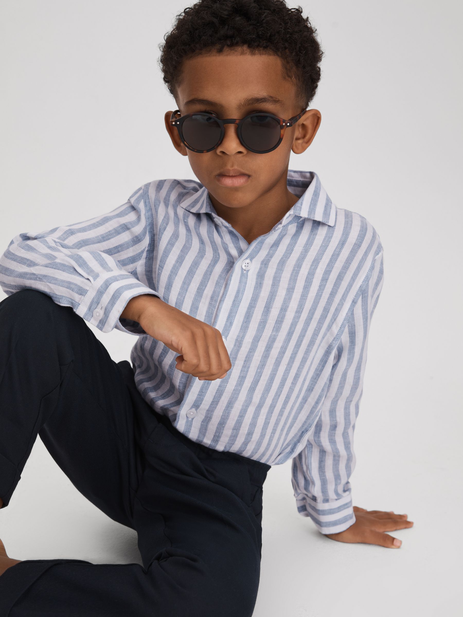 9-13 yrs Linen Cutaway Collar Shirt in Soft Blue Herringbone Stripe - Image 1 of 4