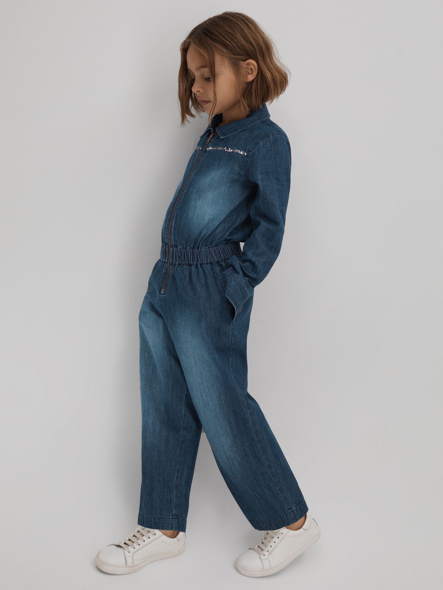 13-14 yrs Elasticated Embellished Denim Jumpsuit in Blue - Image 1 of 6