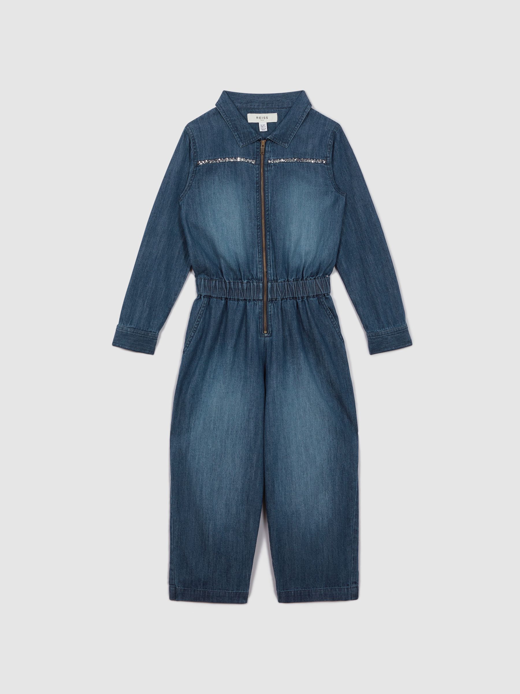 13-14 yrs Elasticated Embellished Denim Jumpsuit in Blue - Image 2 of 6