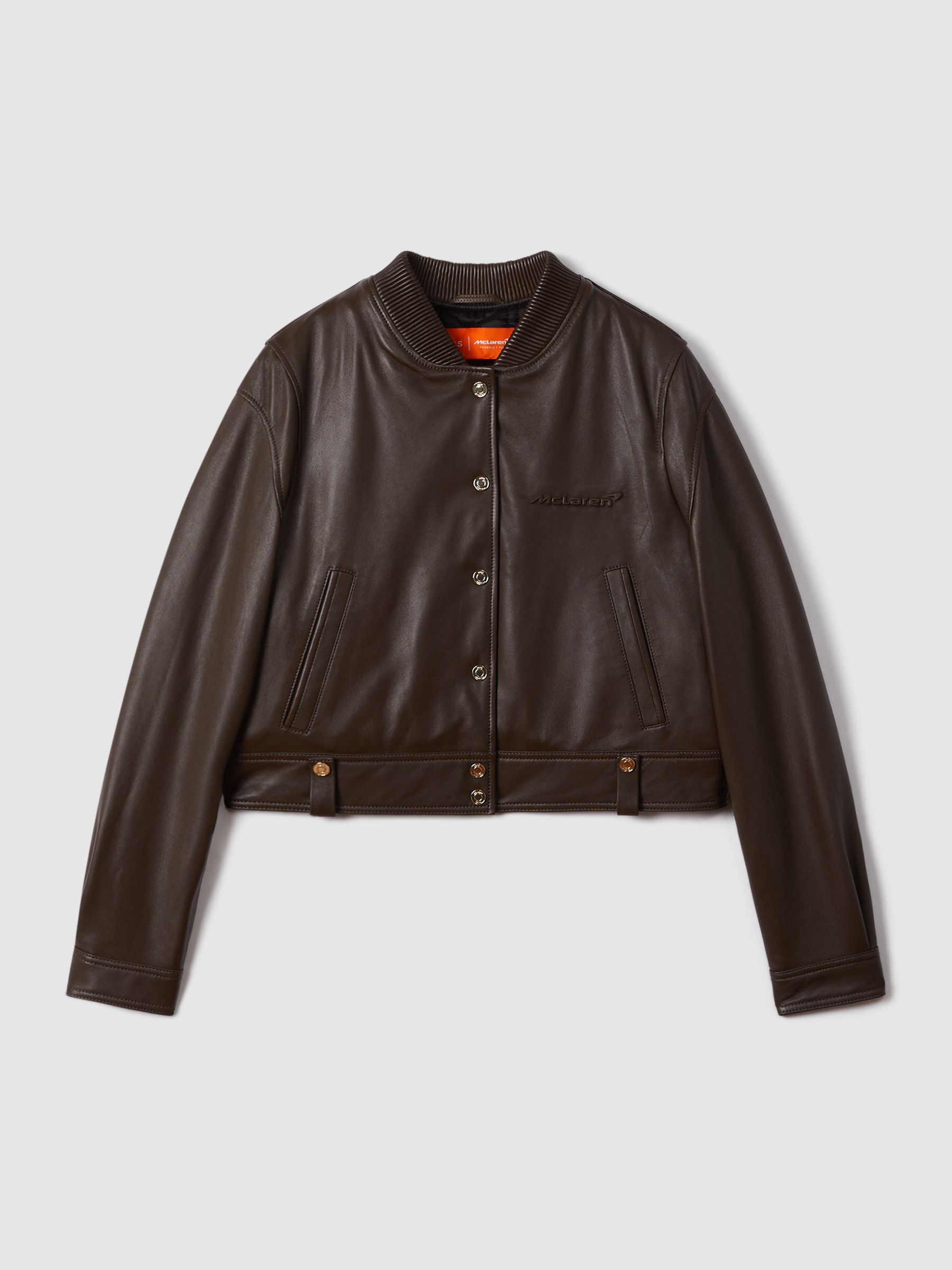 McLaren F1 Cropped Leather Bomber Jacket in Chocolate - Image 2 of 8