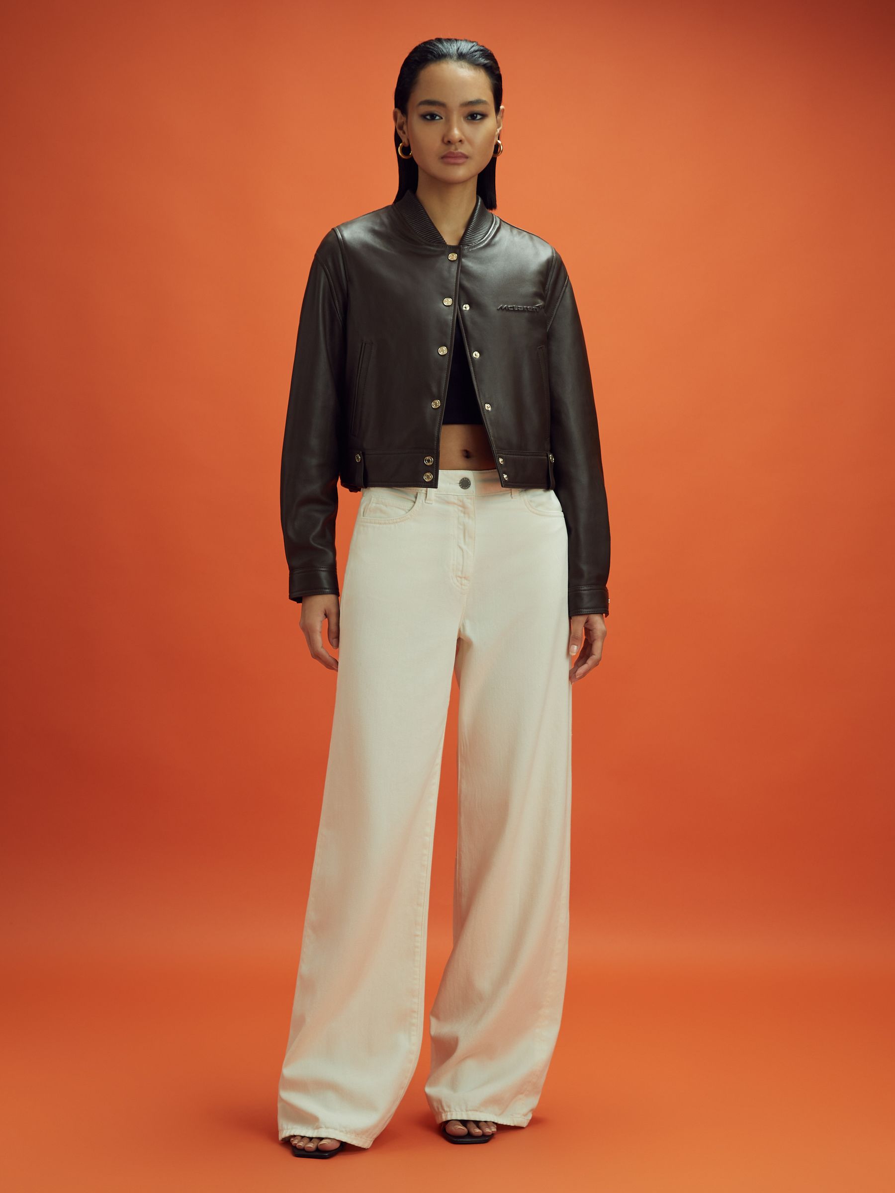 McLaren F1 Cropped Leather Bomber Jacket in Chocolate - Image 3 of 8