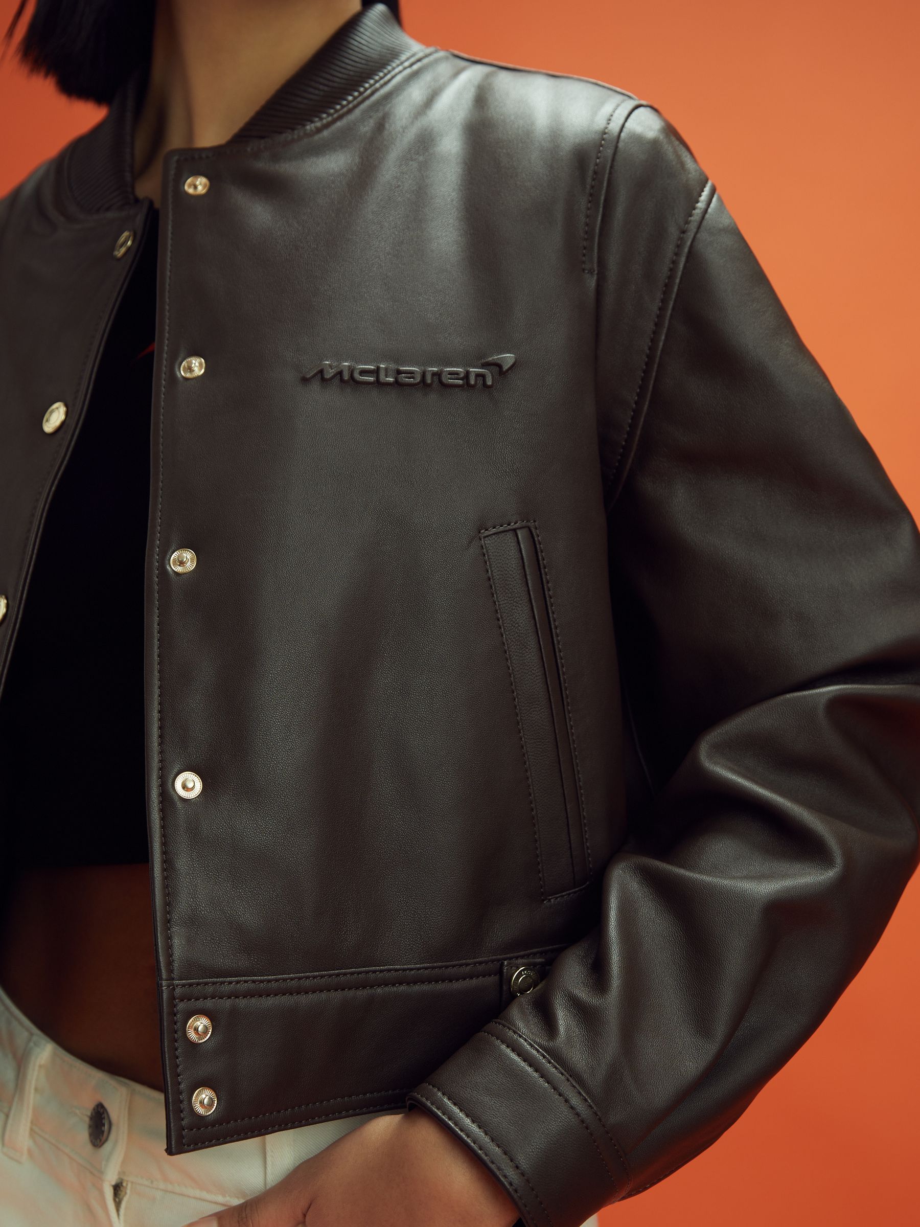 McLaren F1 Cropped Leather Bomber Jacket in Chocolate - Image 4 of 8