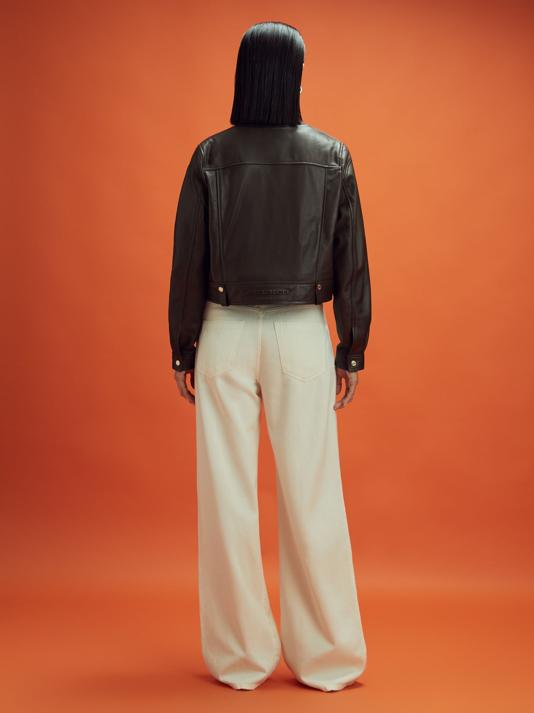 McLaren F1 Cropped Leather Bomber Jacket in Chocolate - Image 5 of 8