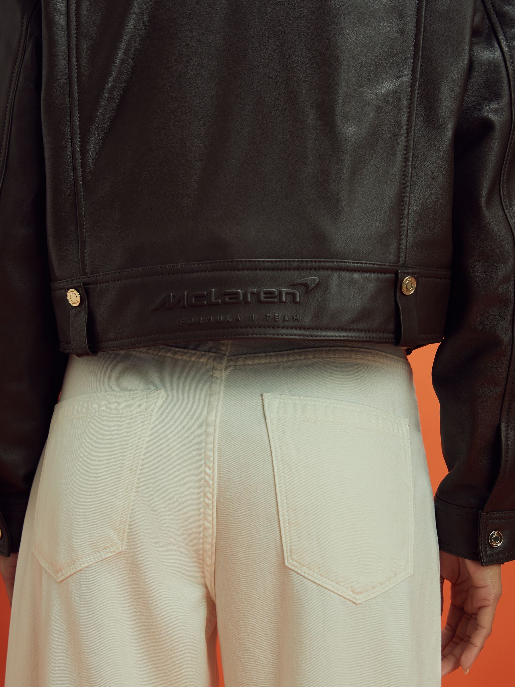 McLaren F1 Cropped Leather Bomber Jacket in Chocolate - Image 6 of 8