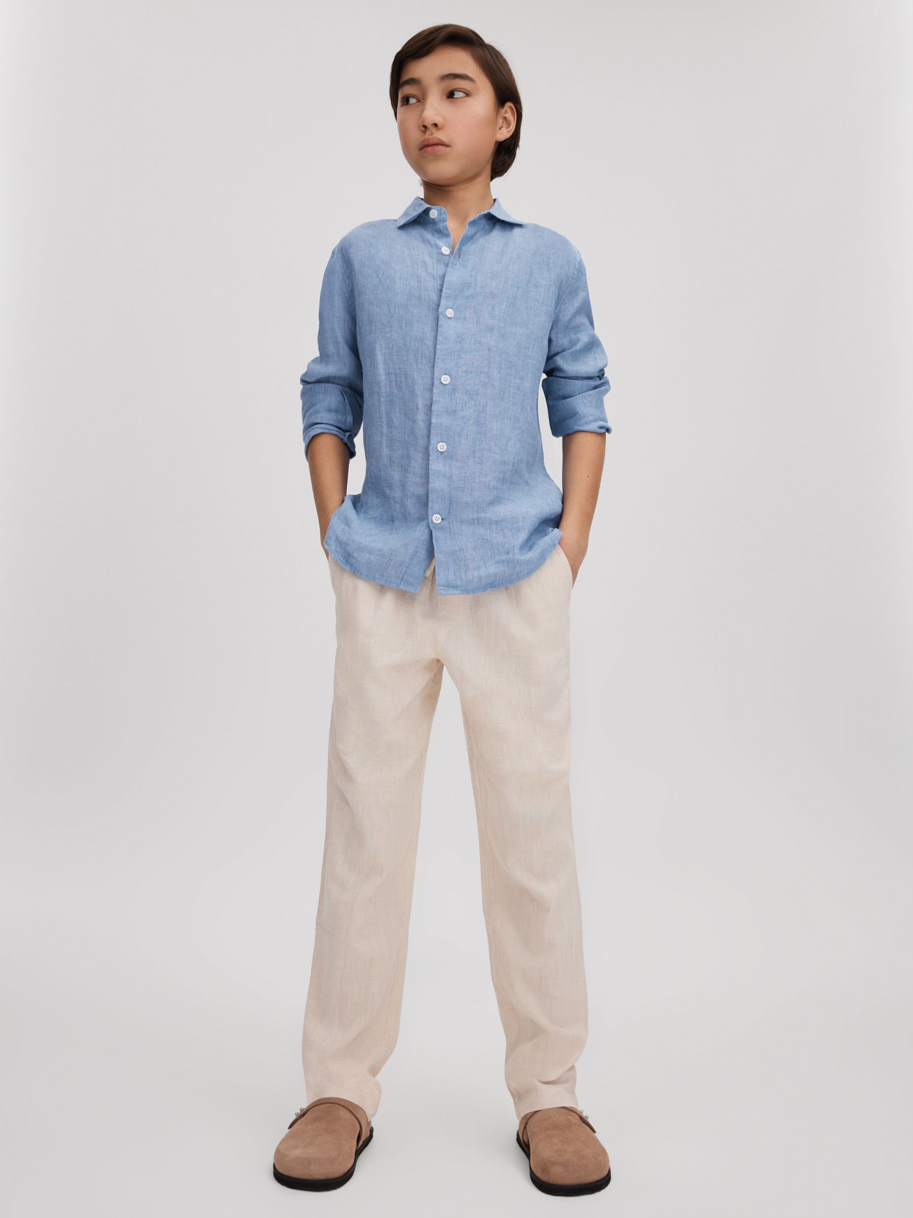 13-14 yrs Striped Linen Cutaway Collar Shirt in Sky Blue - Image 2 of 6
