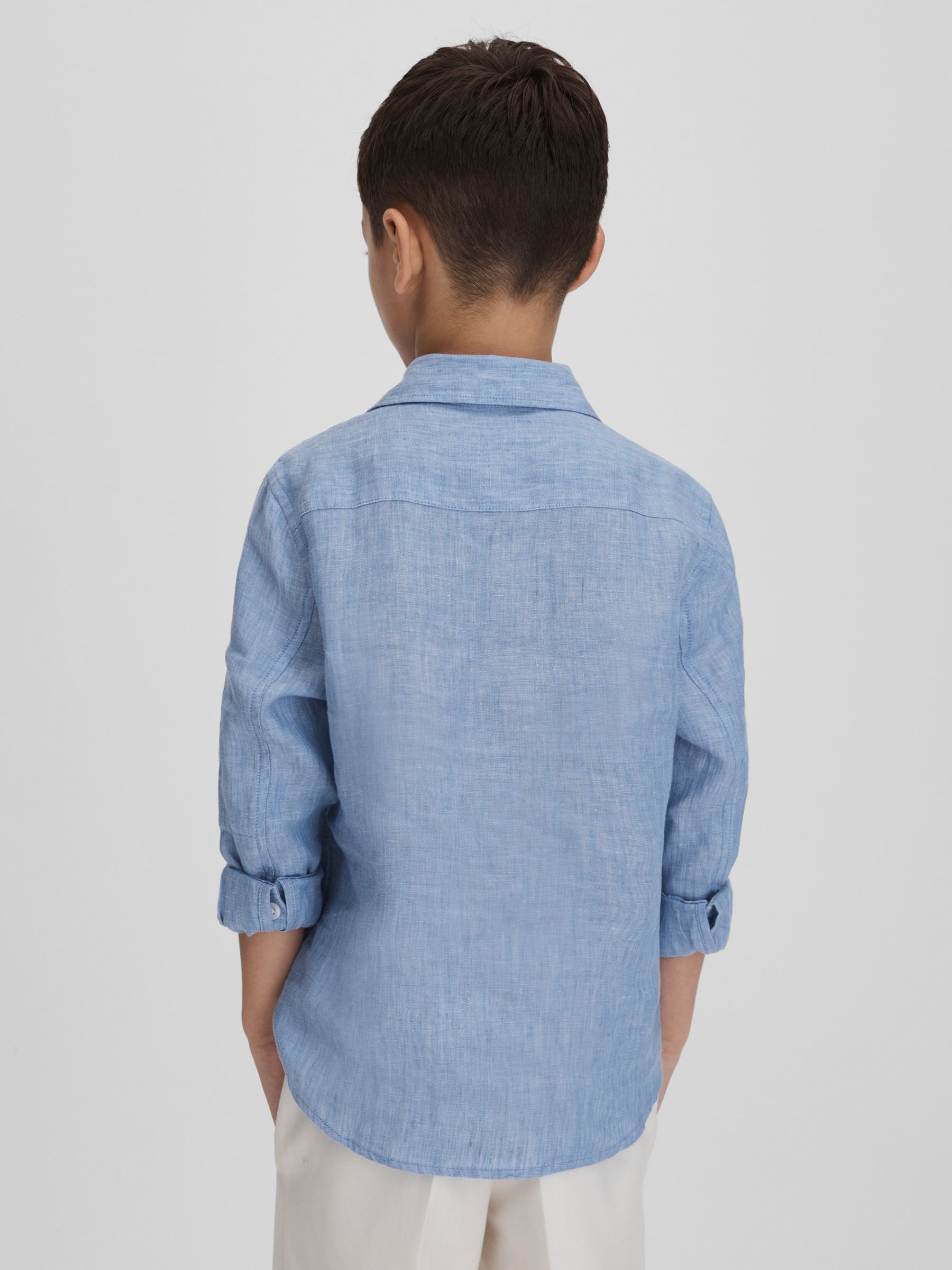 13-14 yrs Striped Linen Cutaway Collar Shirt in Sky Blue - Image 5 of 6