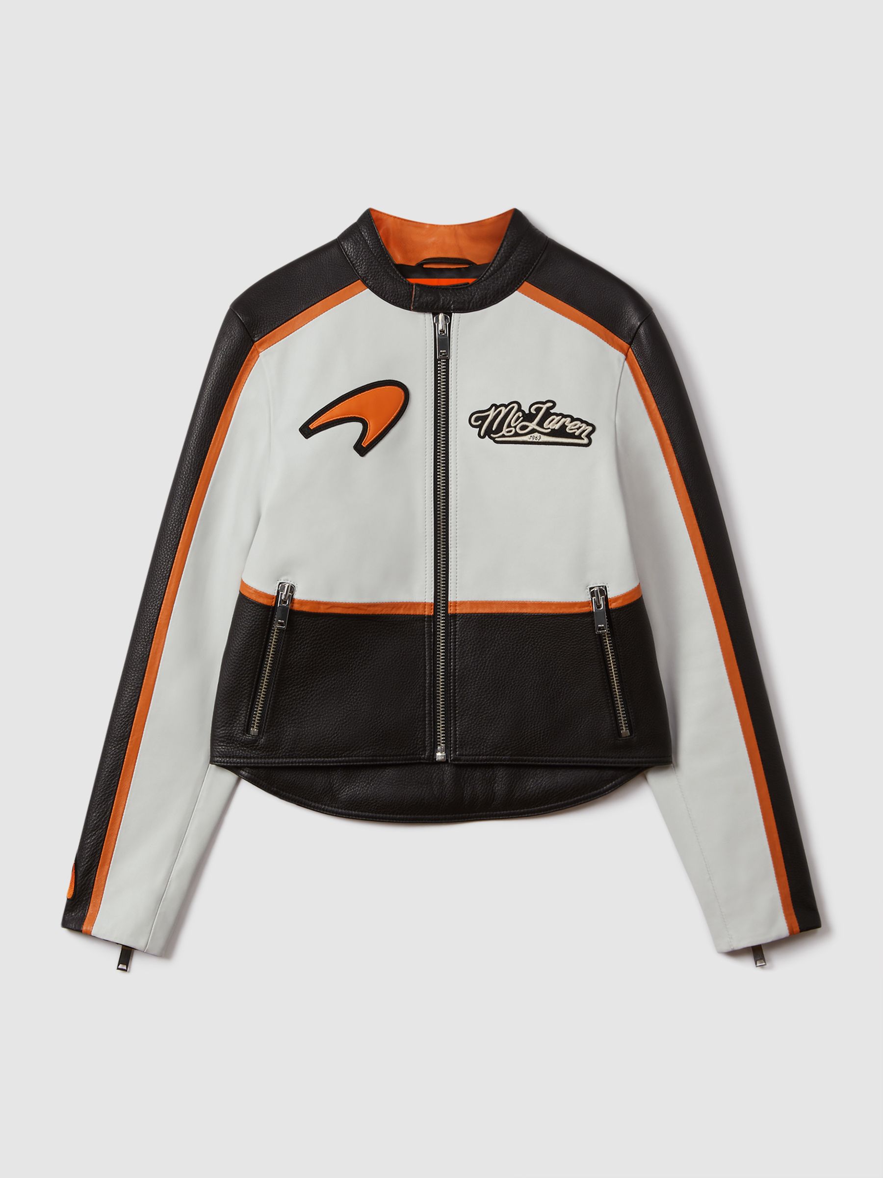 McLaren F1 Colourblock Leather Biker Jacket in Black/Papaya - Image 2 of 9