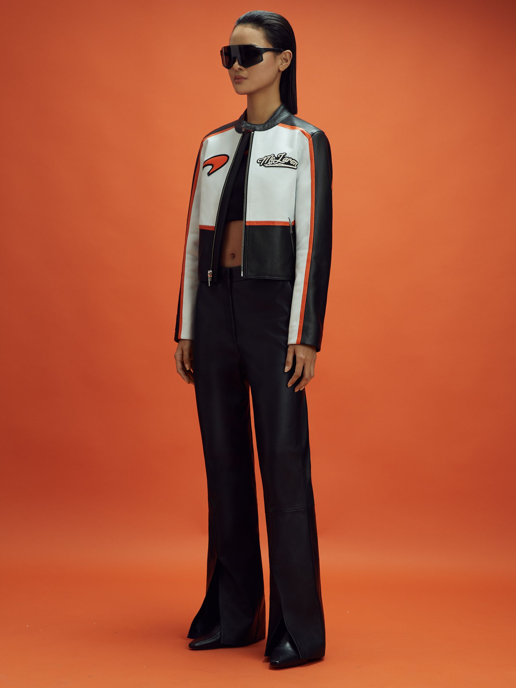 McLaren F1 Colourblock Leather Biker Jacket in Black/Papaya - Image 3 of 9