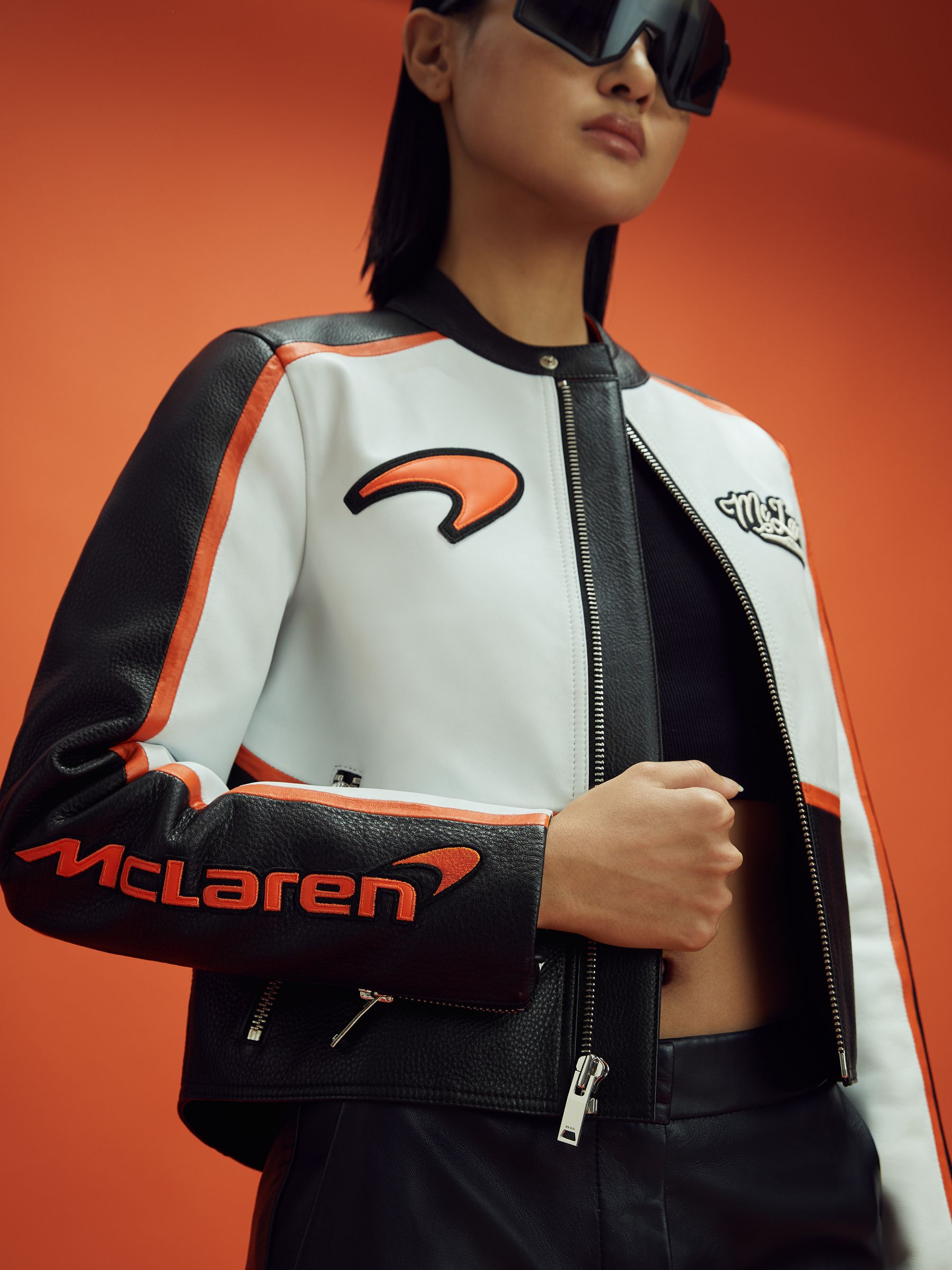 McLaren F1 Colourblock Leather Biker Jacket in Black/Papaya - Image 4 of 9