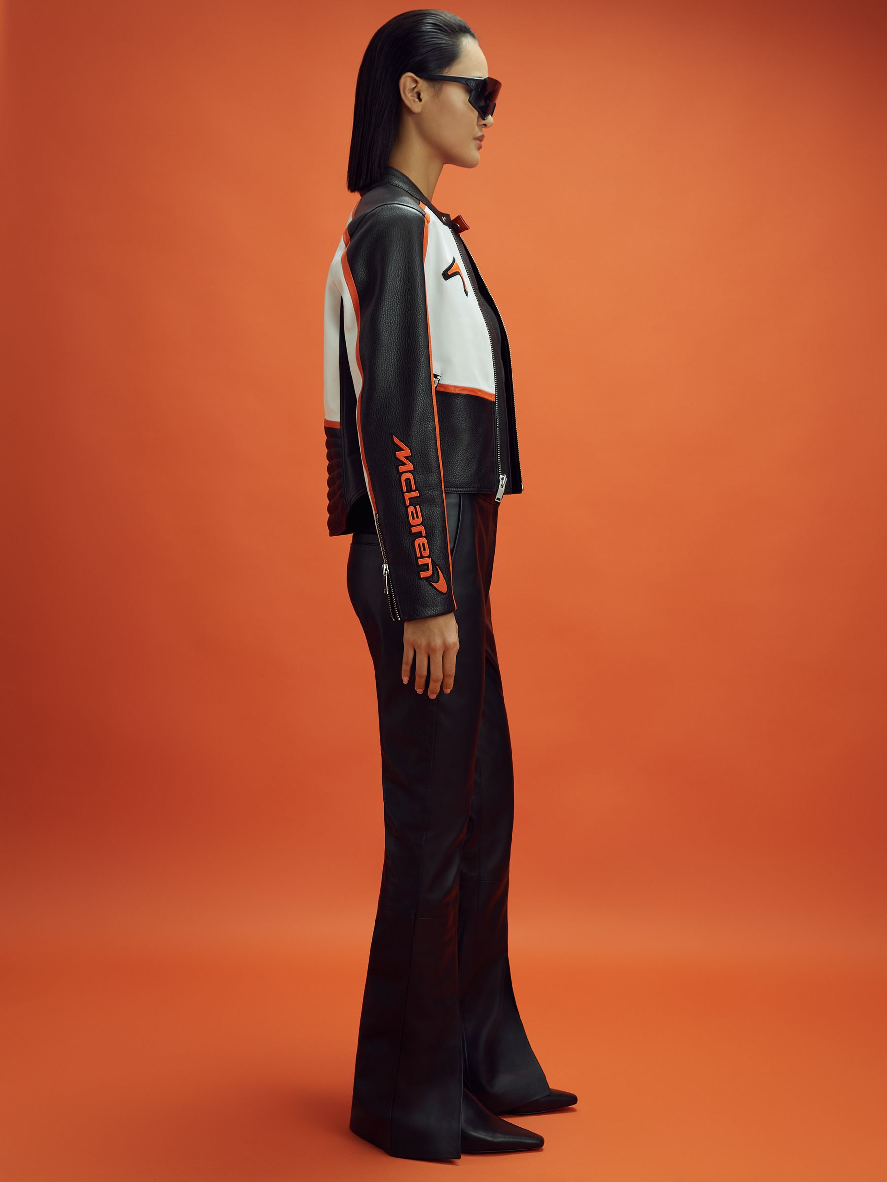 McLaren F1 Colourblock Leather Biker Jacket in Black/Papaya - Image 6 of 9