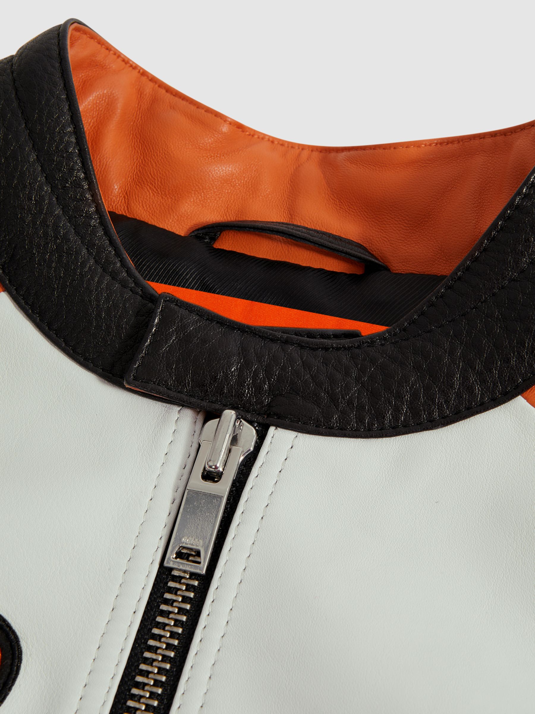 McLaren F1 Colourblock Leather Biker Jacket in Black/Papaya - Image 8 of 9