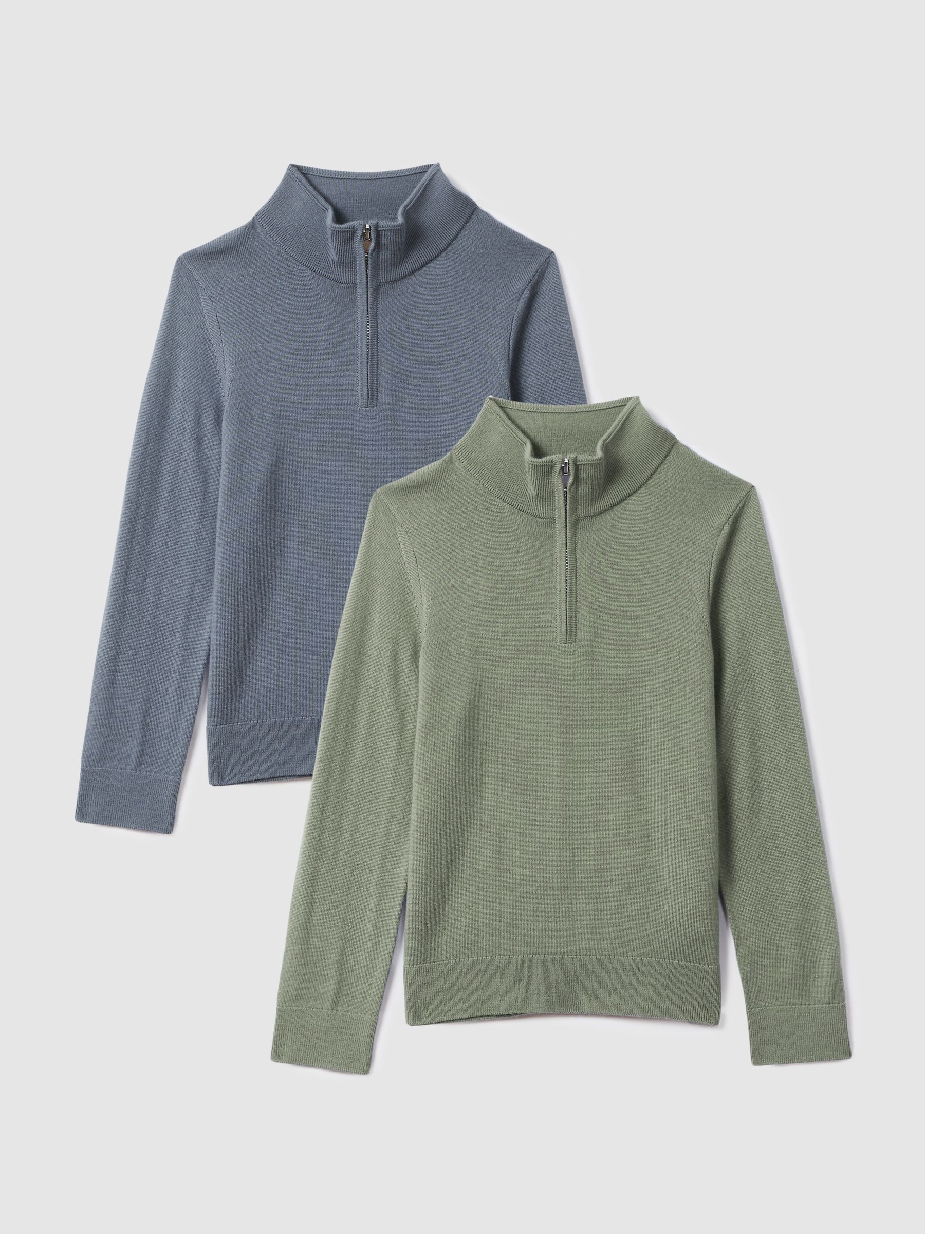 9-13 yrs Merino Wool Zip-Neck Jumpers 2 Pack in Nickel Blue/Kale - Image 2 of 9
