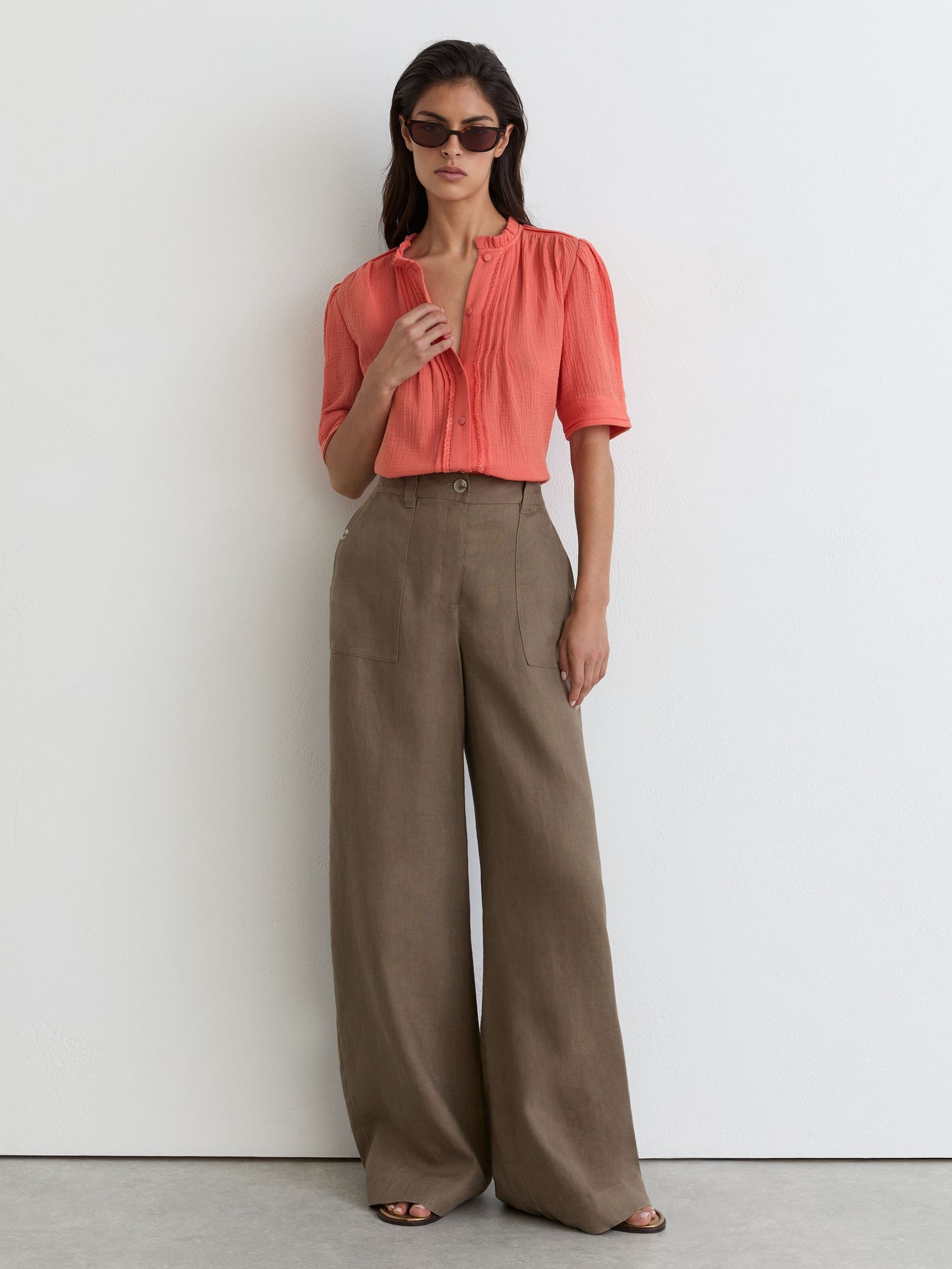 Cotton Cheesecloth Frill-Neck Top in Coral Pink - Image 1 of 5