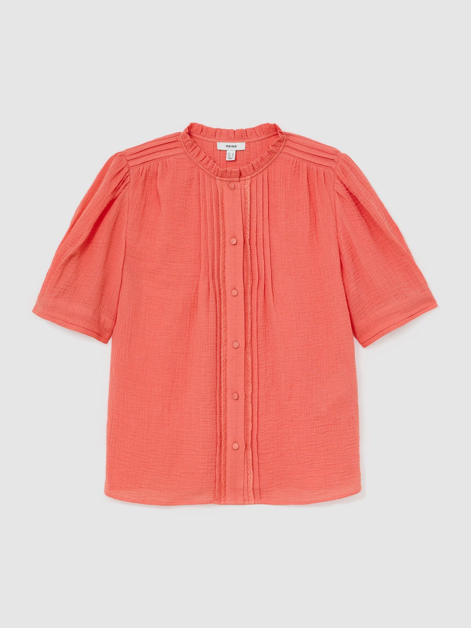 Cotton Cheesecloth Frill-Neck Top in Coral Pink - Image 2 of 5