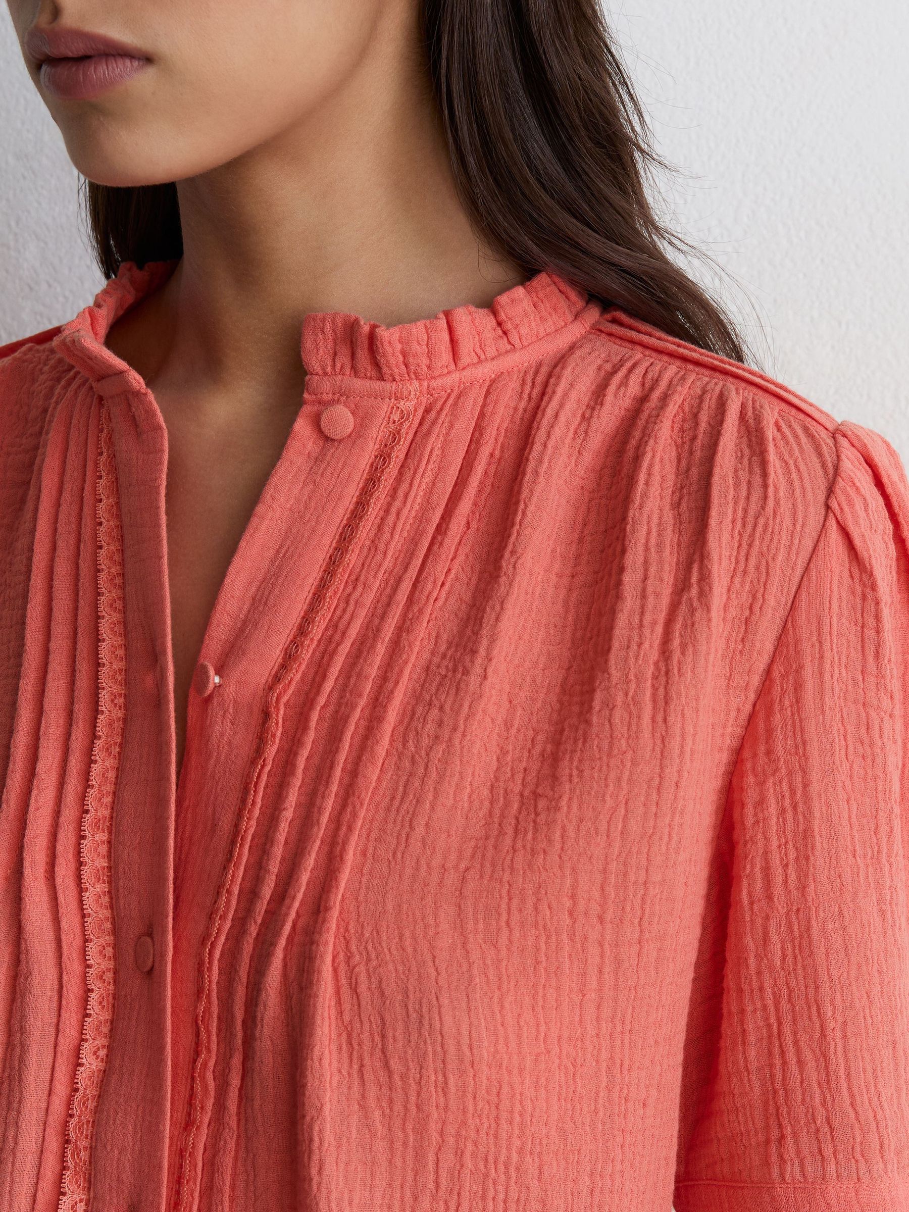 Cotton Cheesecloth Frill-Neck Top in Coral Pink - Image 3 of 5