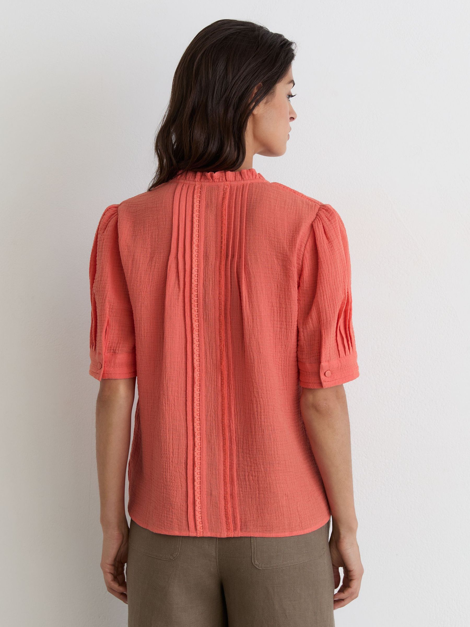 Cotton Cheesecloth Frill-Neck Top in Coral Pink - Image 4 of 5
