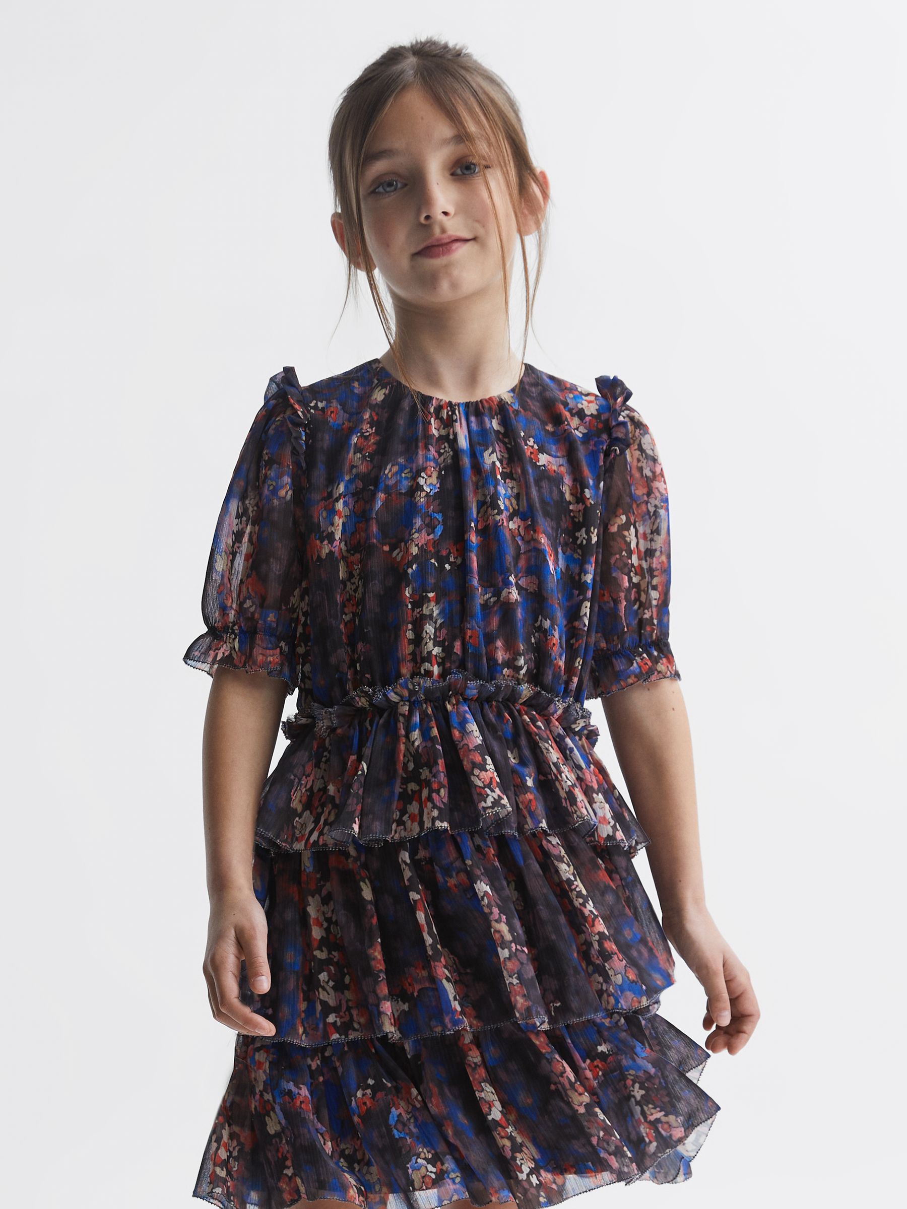 Junior Printed Tiered Dress in Navy Print - Image 1 of 7