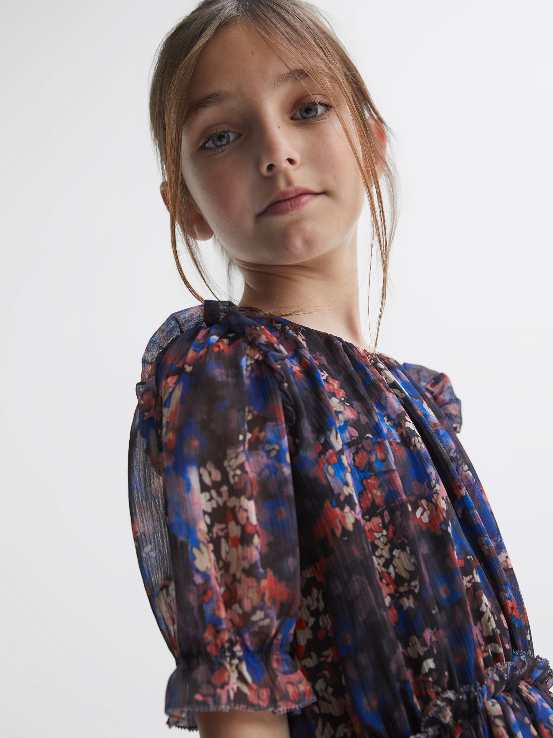 Junior Printed Tiered Dress in Navy Print - Image 6 of 7